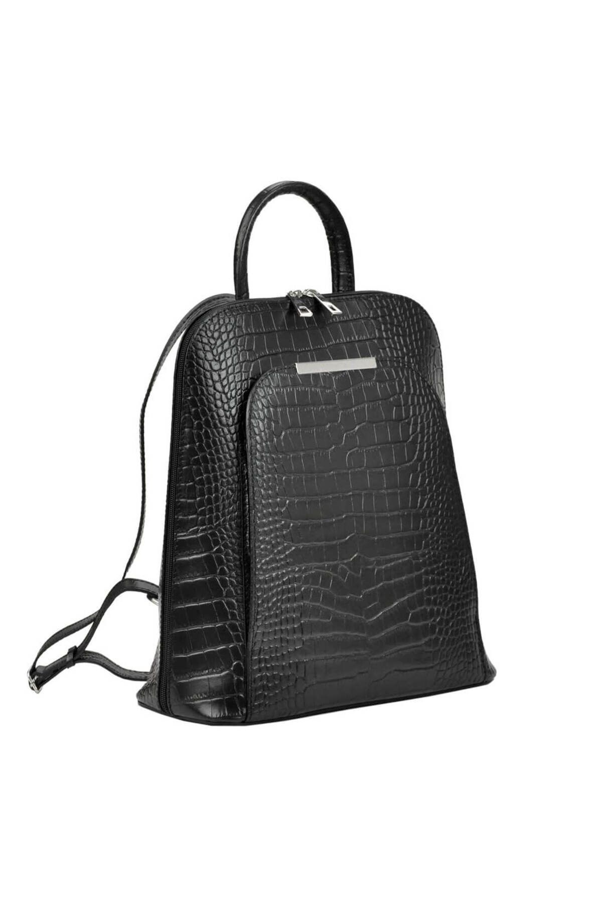 EVoStyle Rucsac Dama Evostyle Ma62, Piele Naturala Italia, Model Croco, Culoare Negru, 29 X 33 X 12 Cm Femeie - One Size