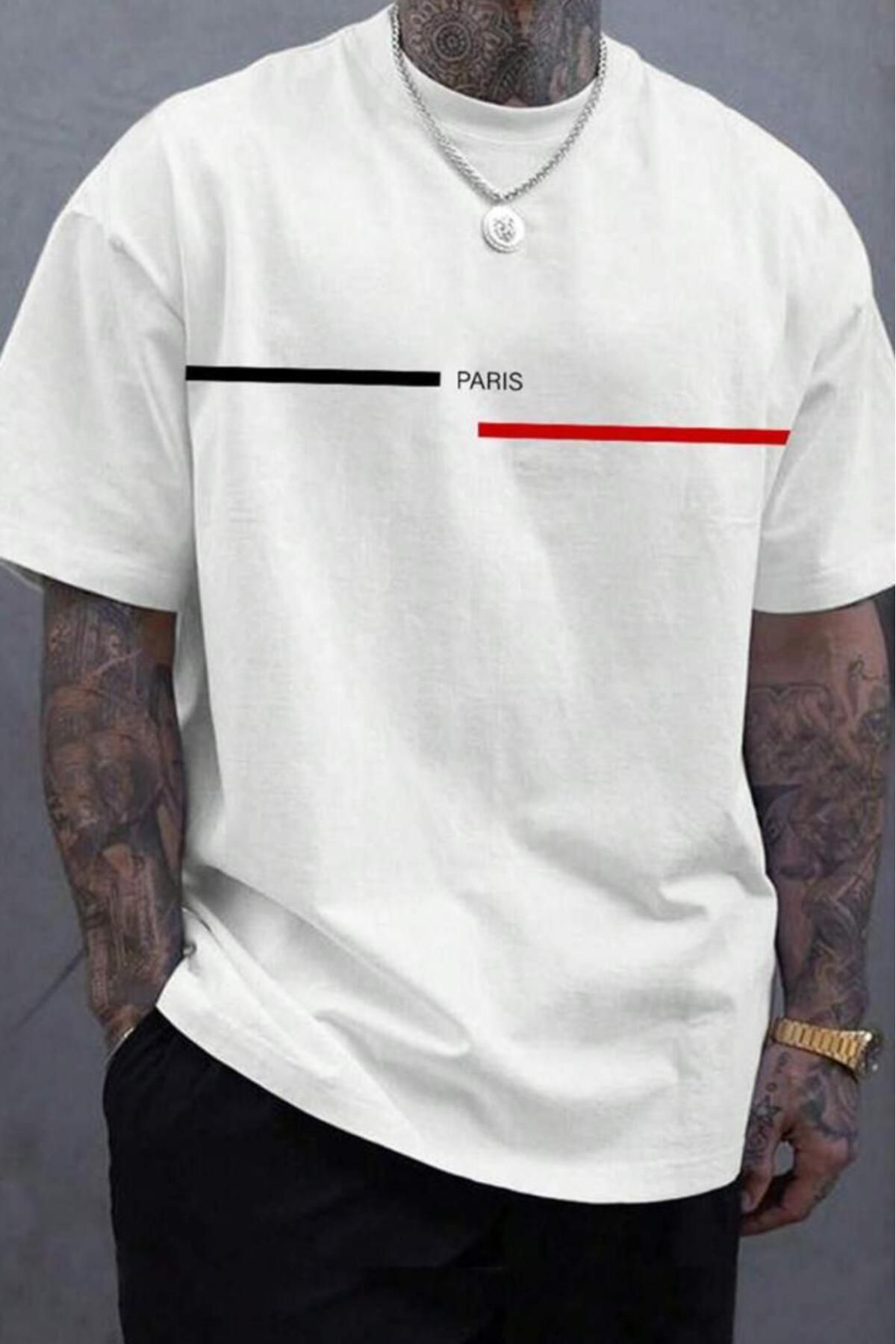 NO 601 Erkek Çizgili Paris Baskılı Oversize Tshirt