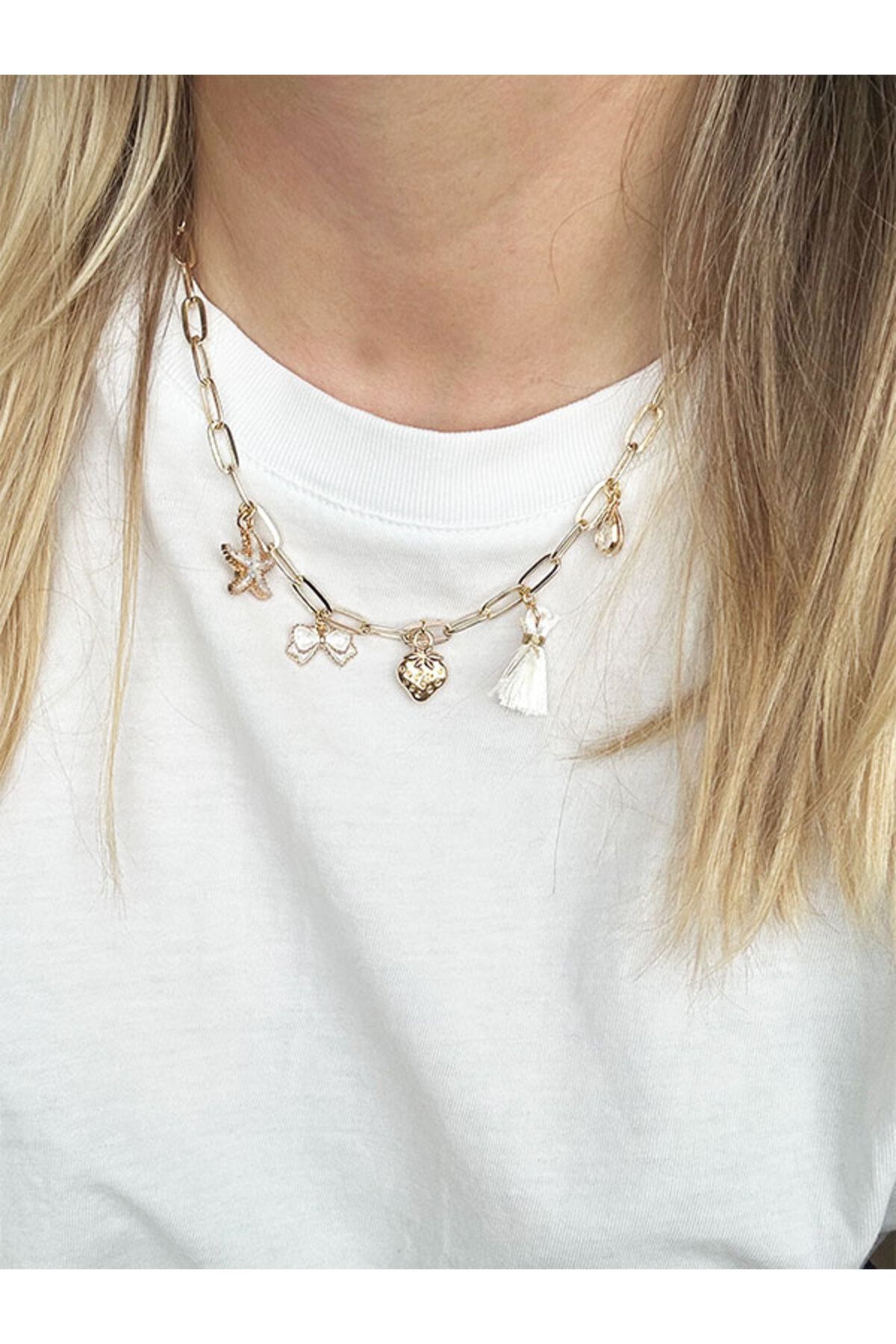 NevoAccessory Deniz Yıldızı, Kurdele, Çilek Charmlı Çelik Kolye