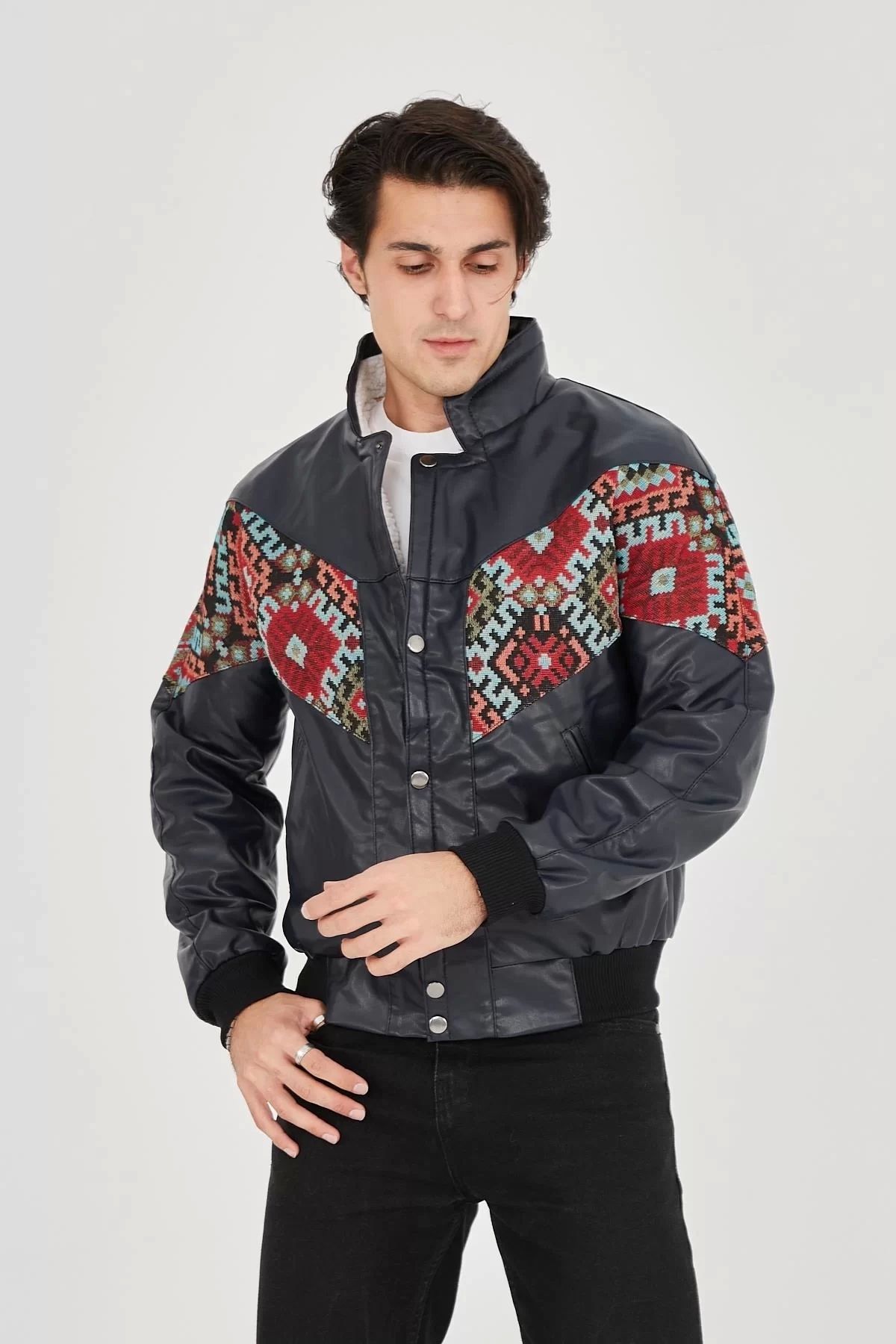 MODA Erkek İçi Astarlı İçten Yaka Kısmı Peluşlu Suni Kumaş Vintage Ceket - Lacivert