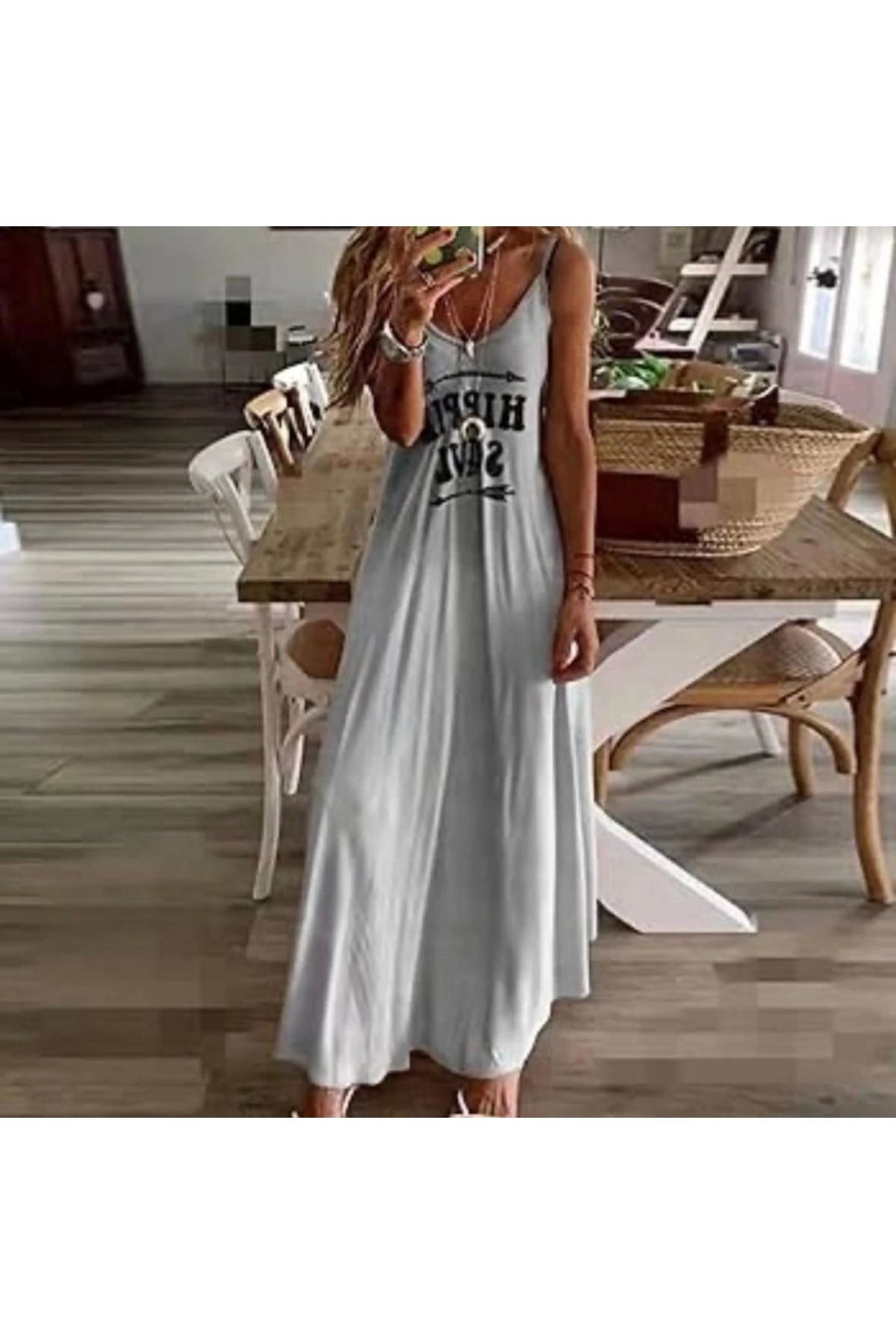 Butik Kadın Süprem Kumaş Dijital Baskılı Askılı Maxi Boy Askılı Elbise