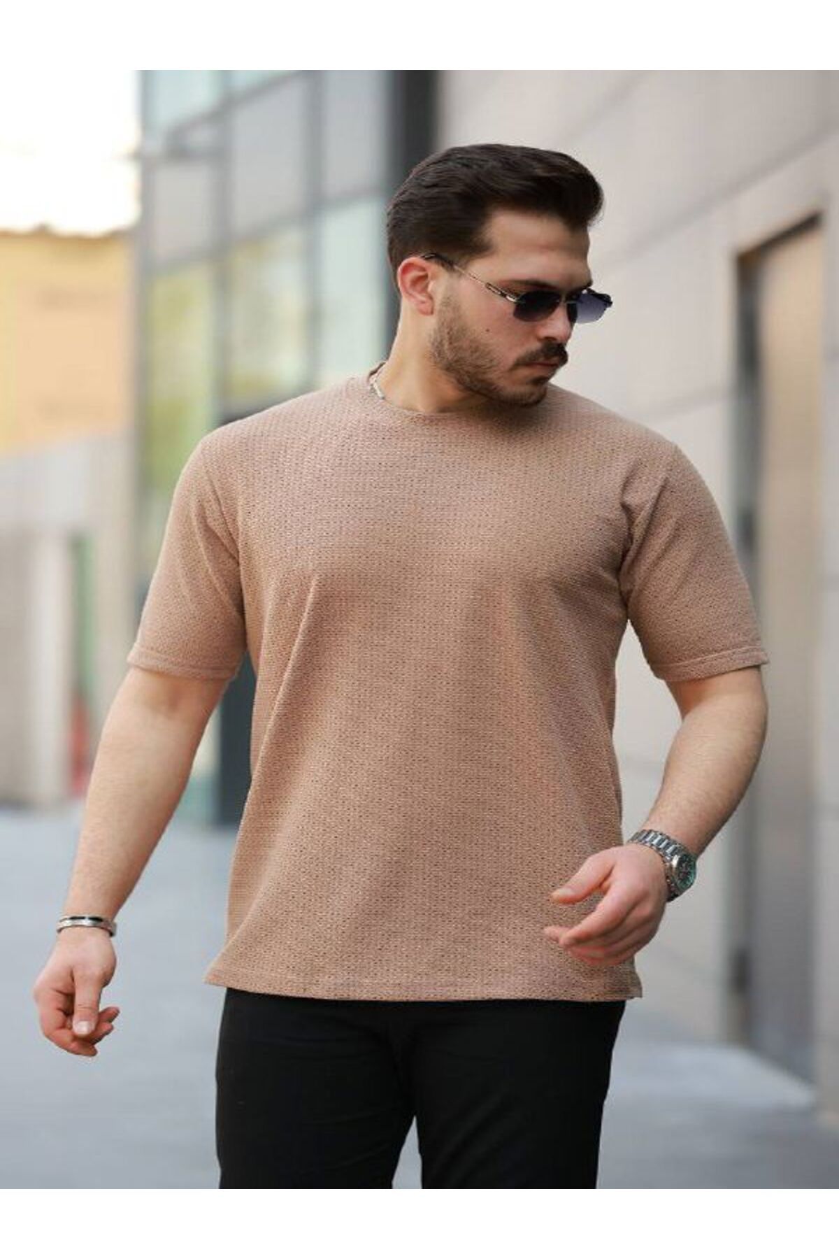 YONEZ MODA Erkek Rahat Kalıp Pamuk Desenli Bisiklet Yaka Tişört