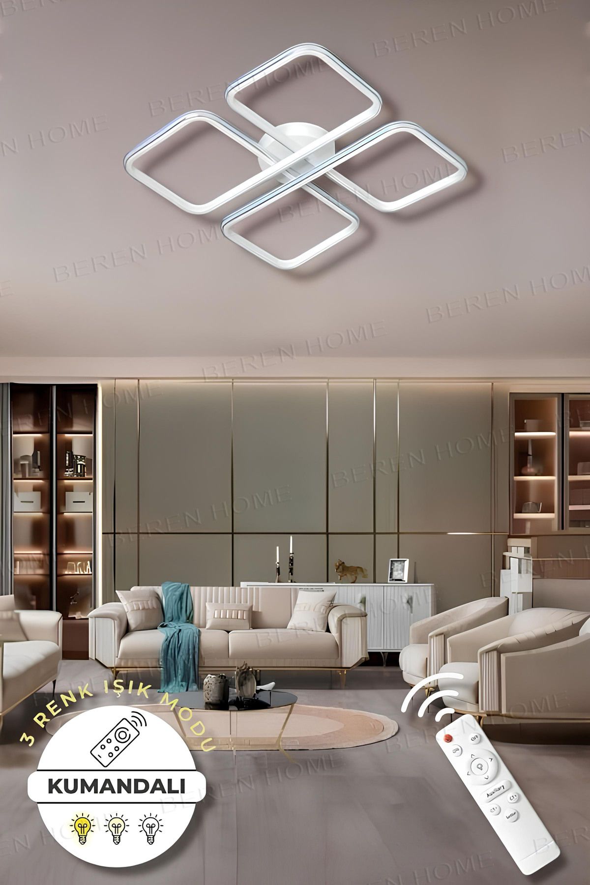 BEREN HOME Jasmin White Chrome Kumandalı 3 Renk Modern Plafonyer Led Avize