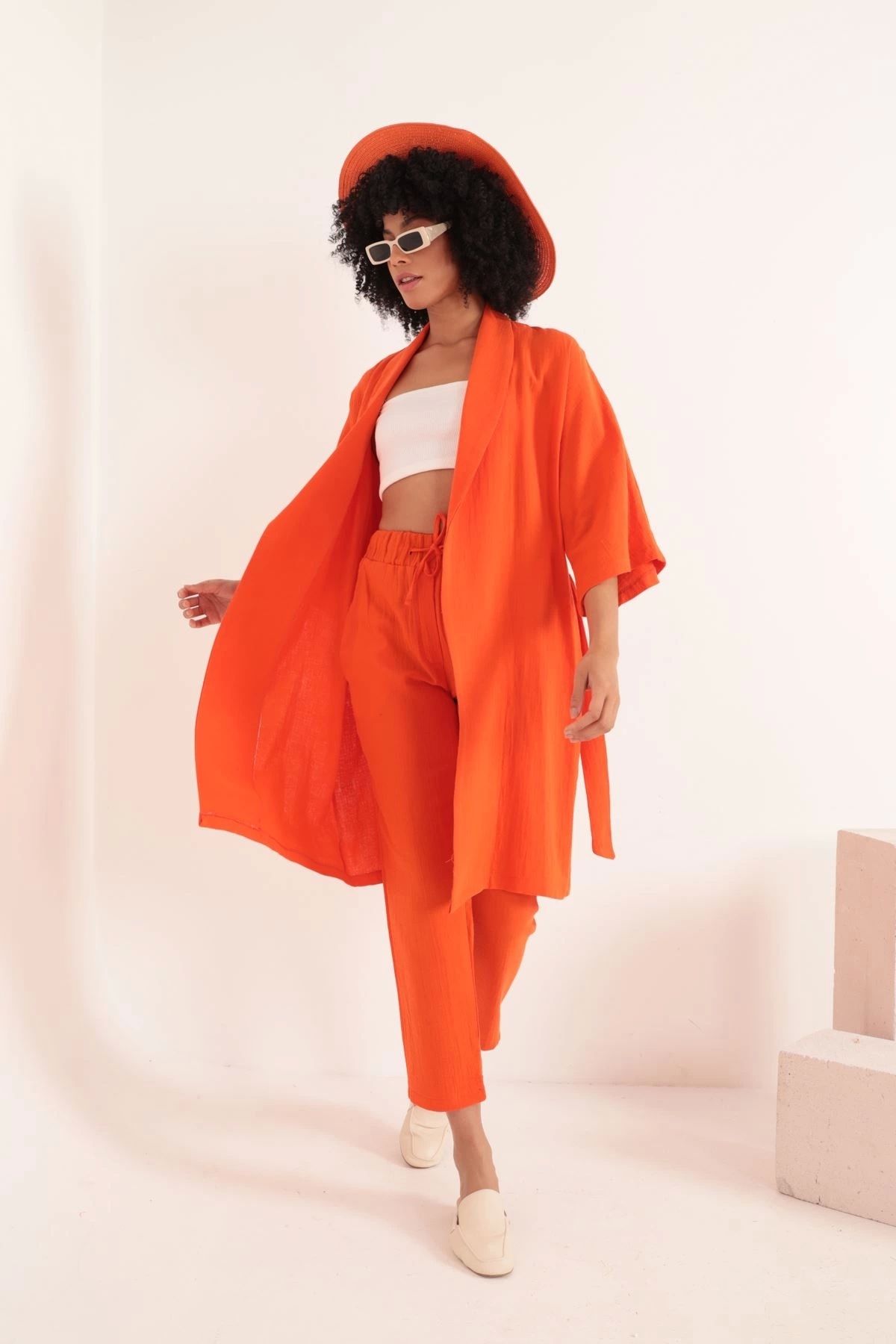 TakıDolabı -Müslin Kumaş Oversize Kadın Kimono-Oranj