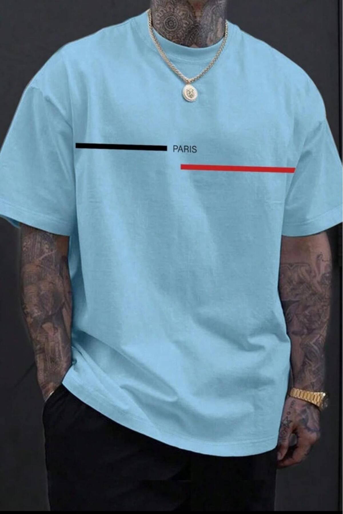 NO 601 Erkek Çizgili Paris Baskılı Oversize Tshirt
