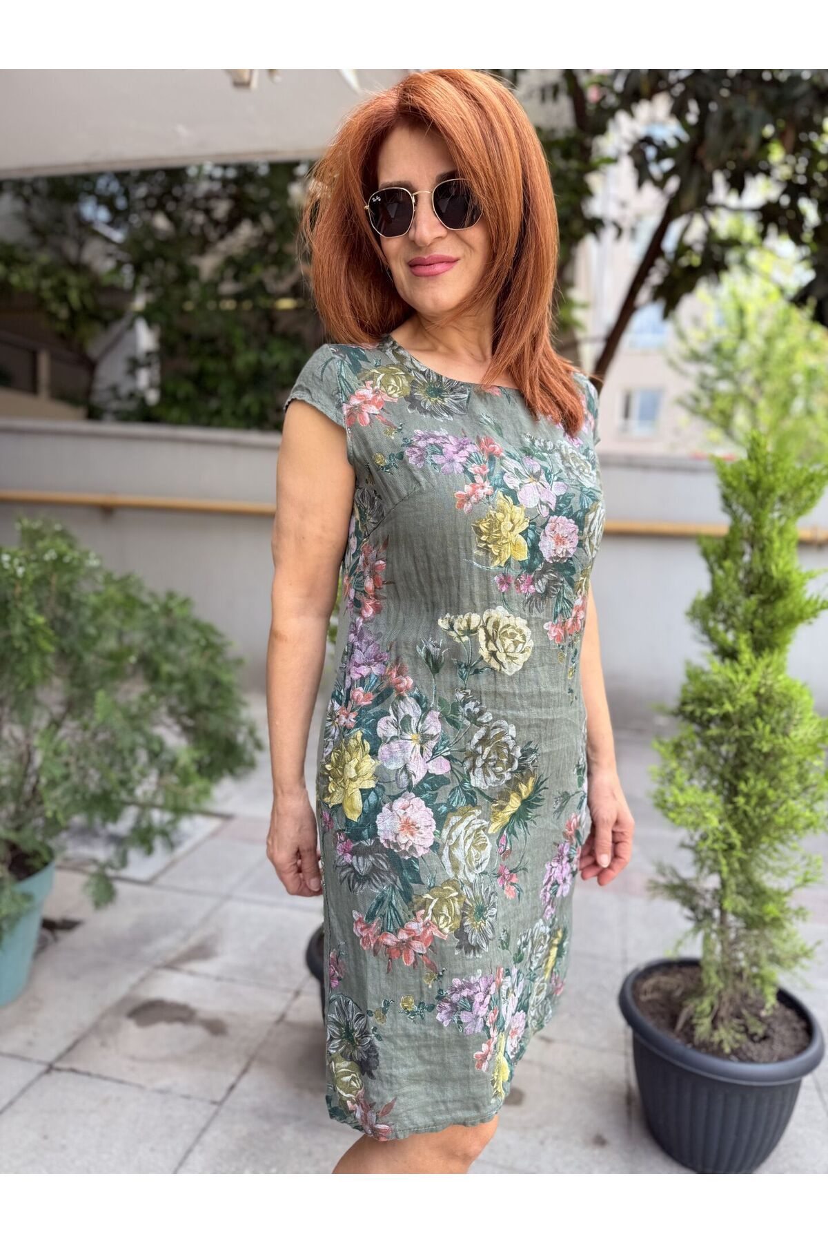 DenizEge Rosalinda İtalyan Keten Elbise Haki-M