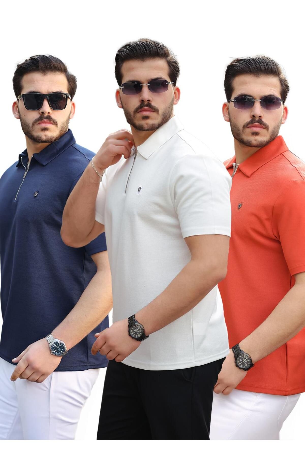 Miron Lacivert Beyaz Kiremit Basic Fermuar Detaylı Üçlü Paket Polo Yaka Kısa Kollu Tişört 2516