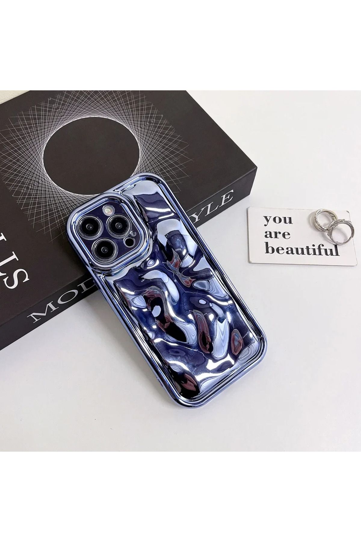 madamcase İPHONE 15 PRO MAX MAVİ HOLOGRAM KABARTMALI PARLAK SİLİKON TELEFON KILIFI