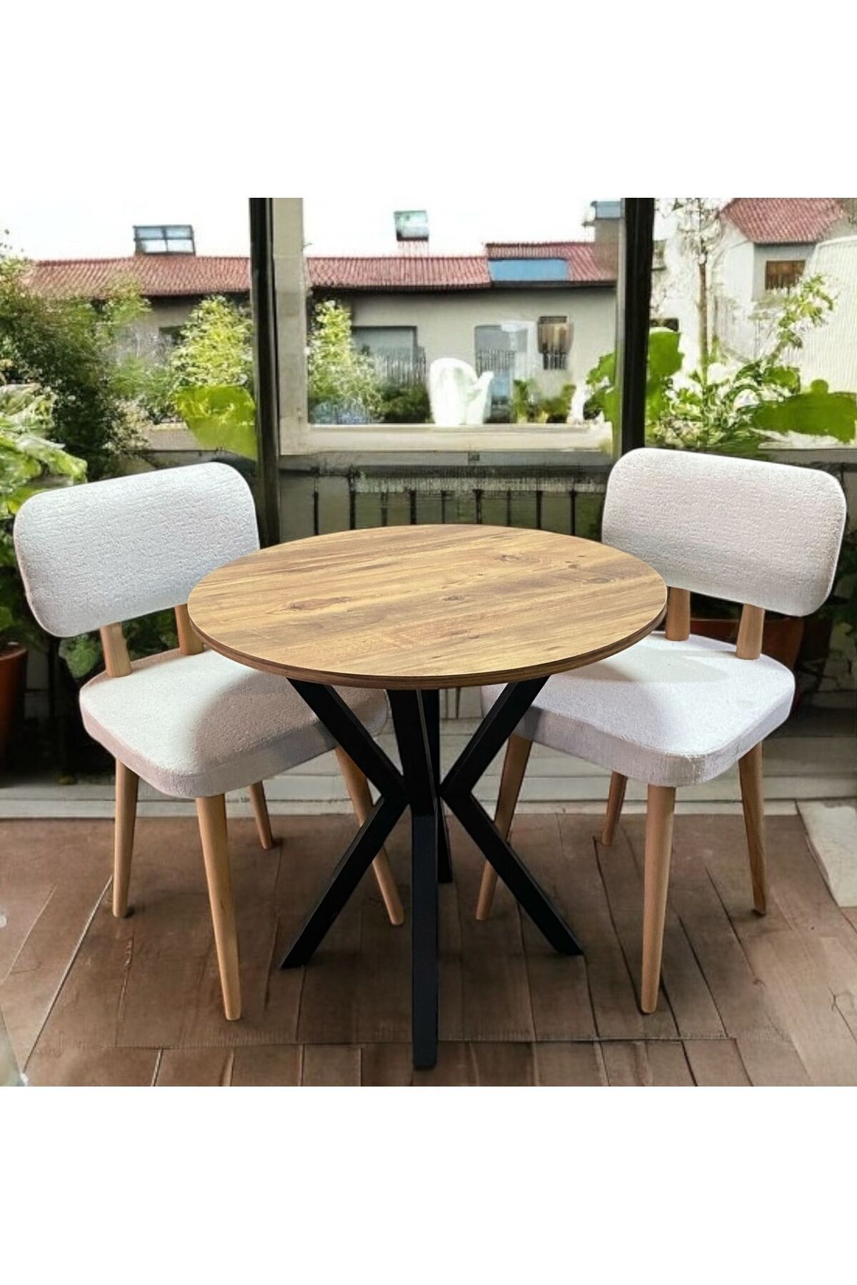 BAMBEDS MOBİLYA Bambeds Mobilya 70x70 A.Çam Yuvarlak Balkon Masa Ahtapot Ayak Ahşap Sandalye 2 Adet