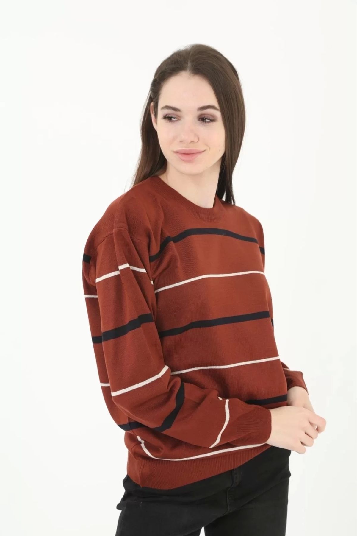MODA Kadın Çizgili Nakışlı Kazak - Kırmızı