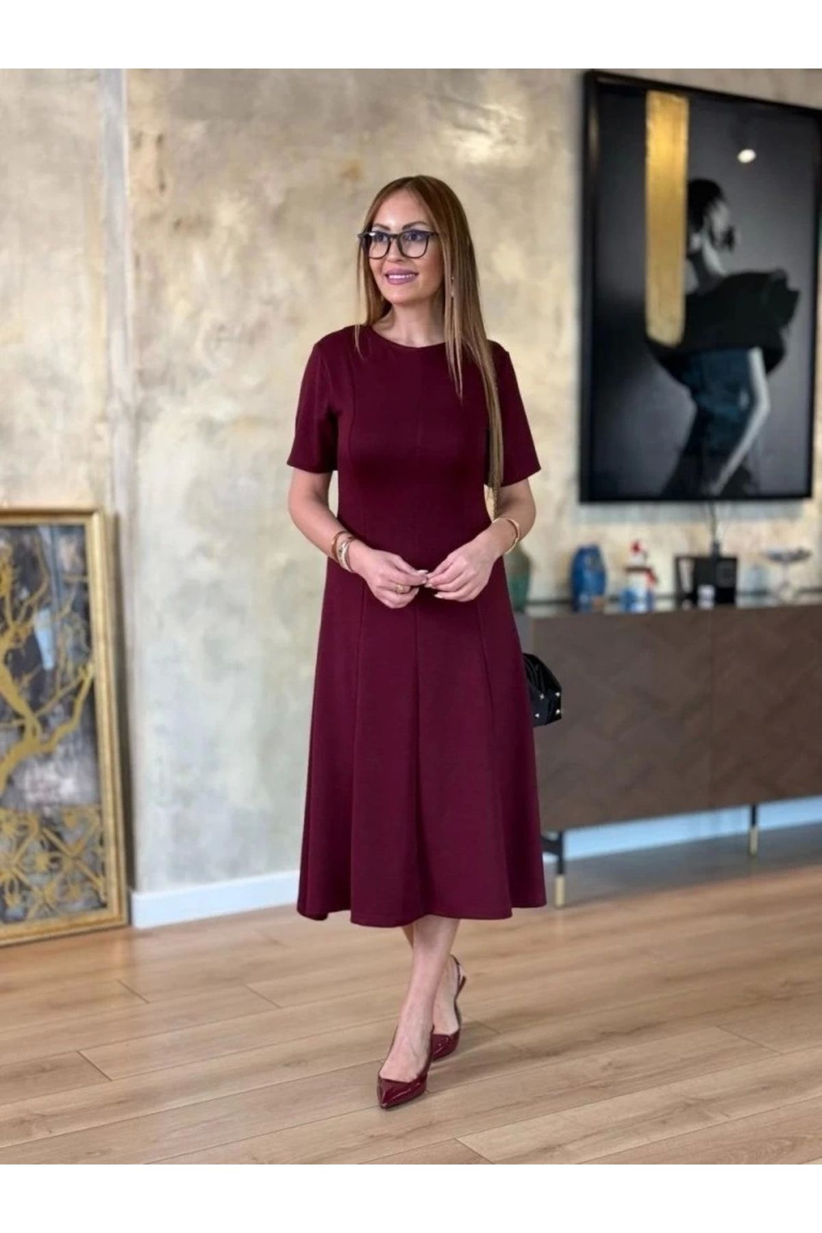 Butik Kadın Kısa Kollu Bisiklet Yaka Midi Viskon Iki Iplik Elbise