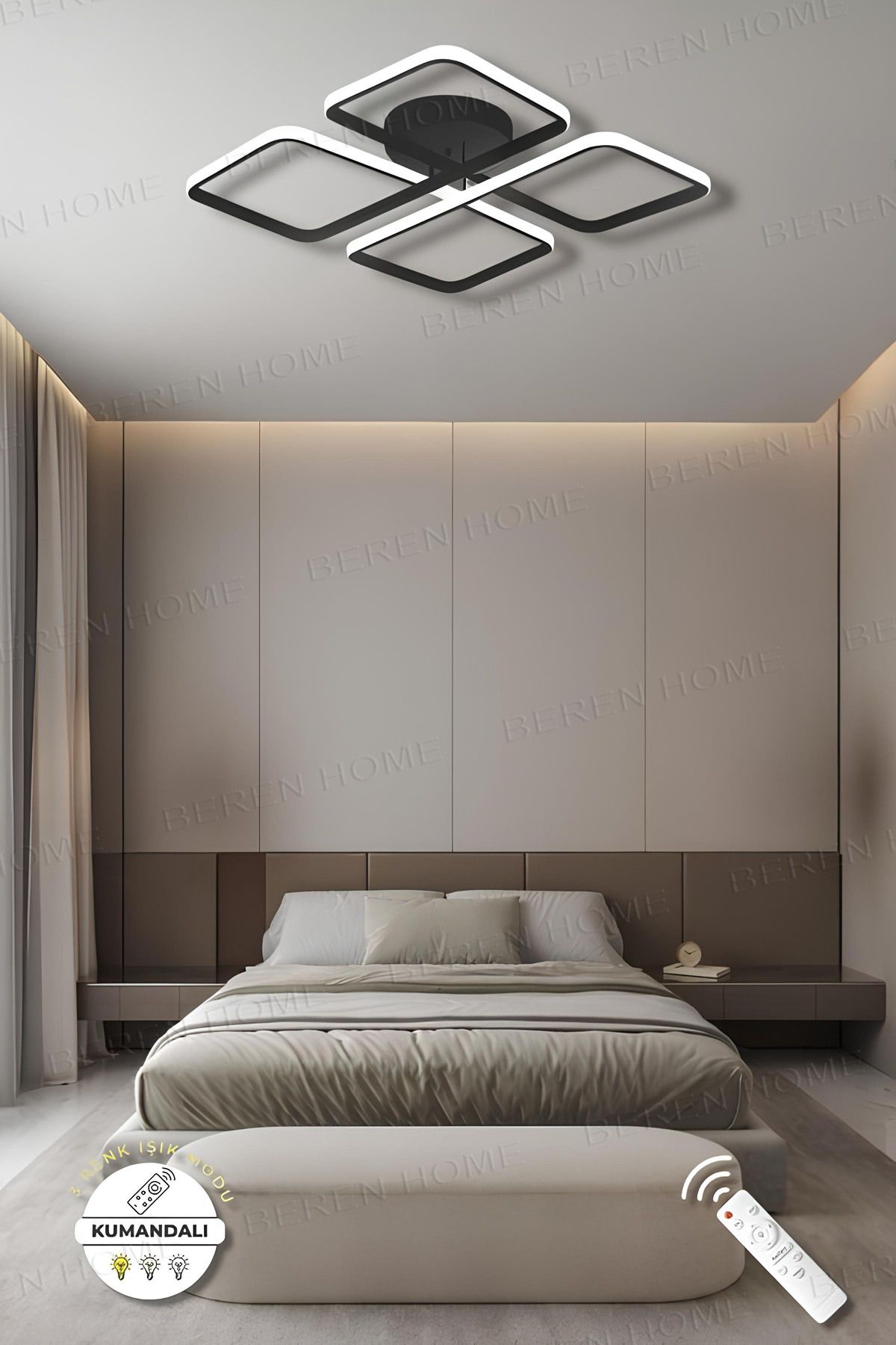 BEREN HOME Jasmin Black Kumandalı 3 Renk Modern Plafonyer Led Avize