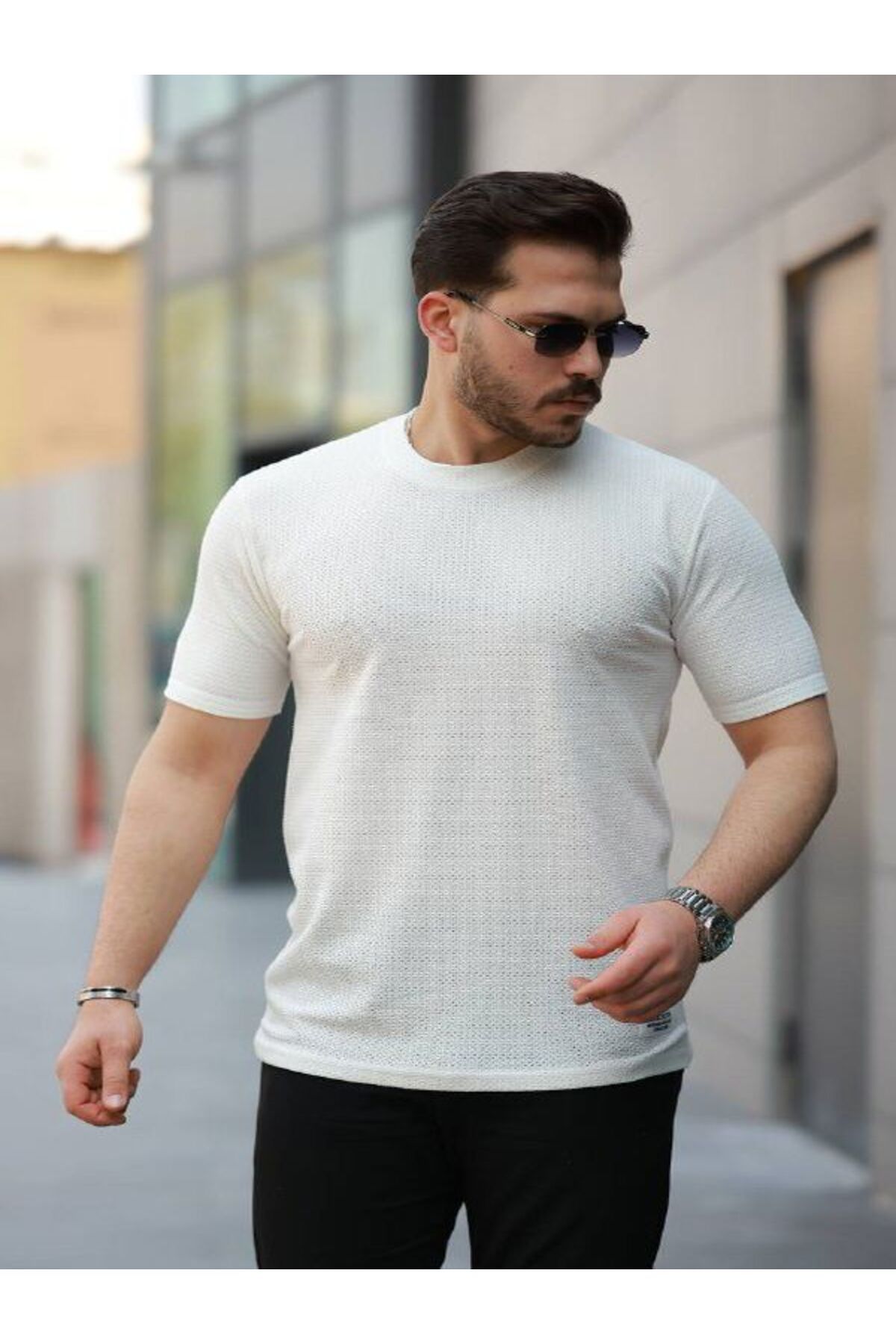 YONEZ MODA Erkek Rahat Kalıp Pamuk Desenli Bisiklet Yaka Tişört