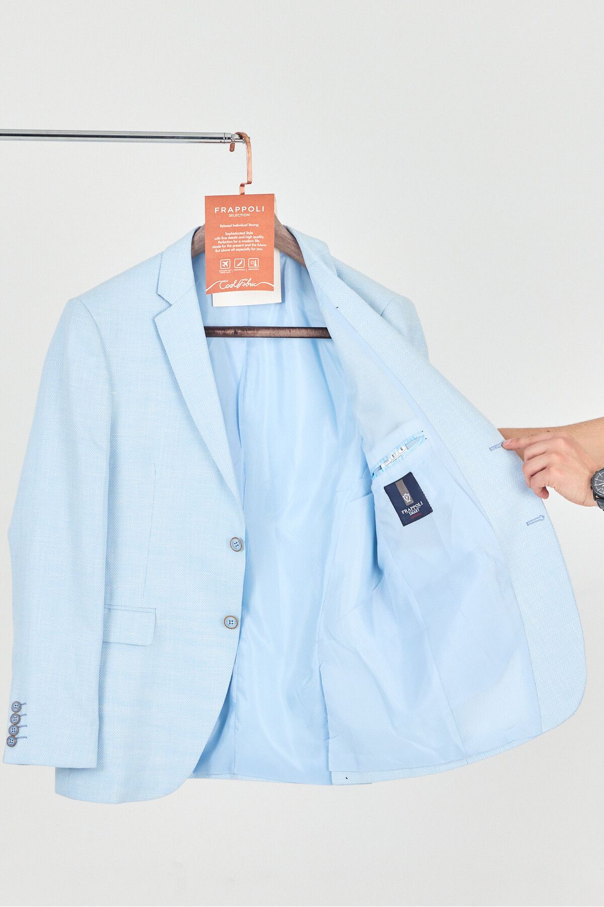 Frappoli Dante Erkek Buz Mavi Keten Karışımlı Slim Fit Yaz Spor Blazer Ceket (Büyük Beden - Battal)
