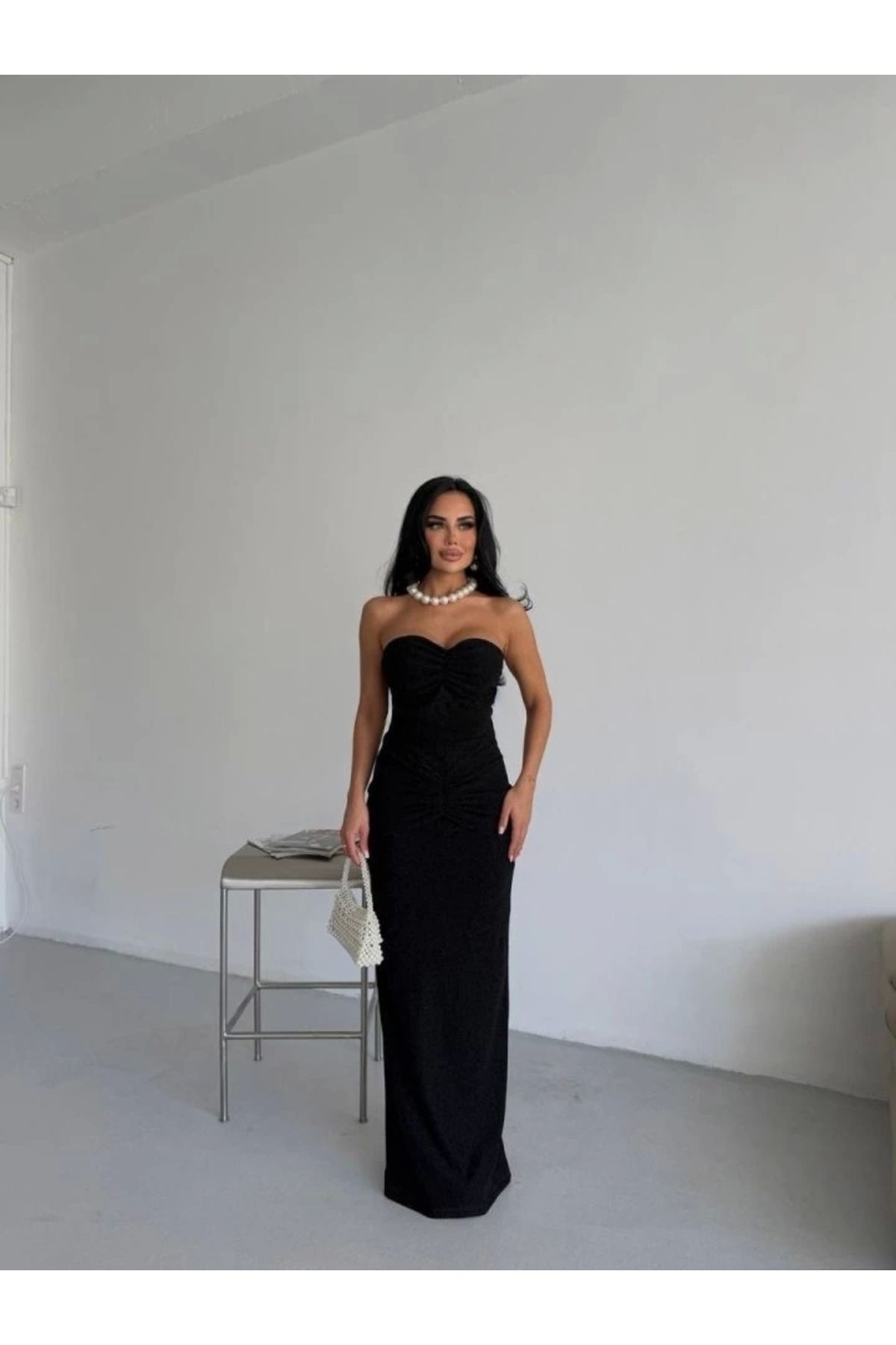 Butik Straplez Simli Uzun Elbise