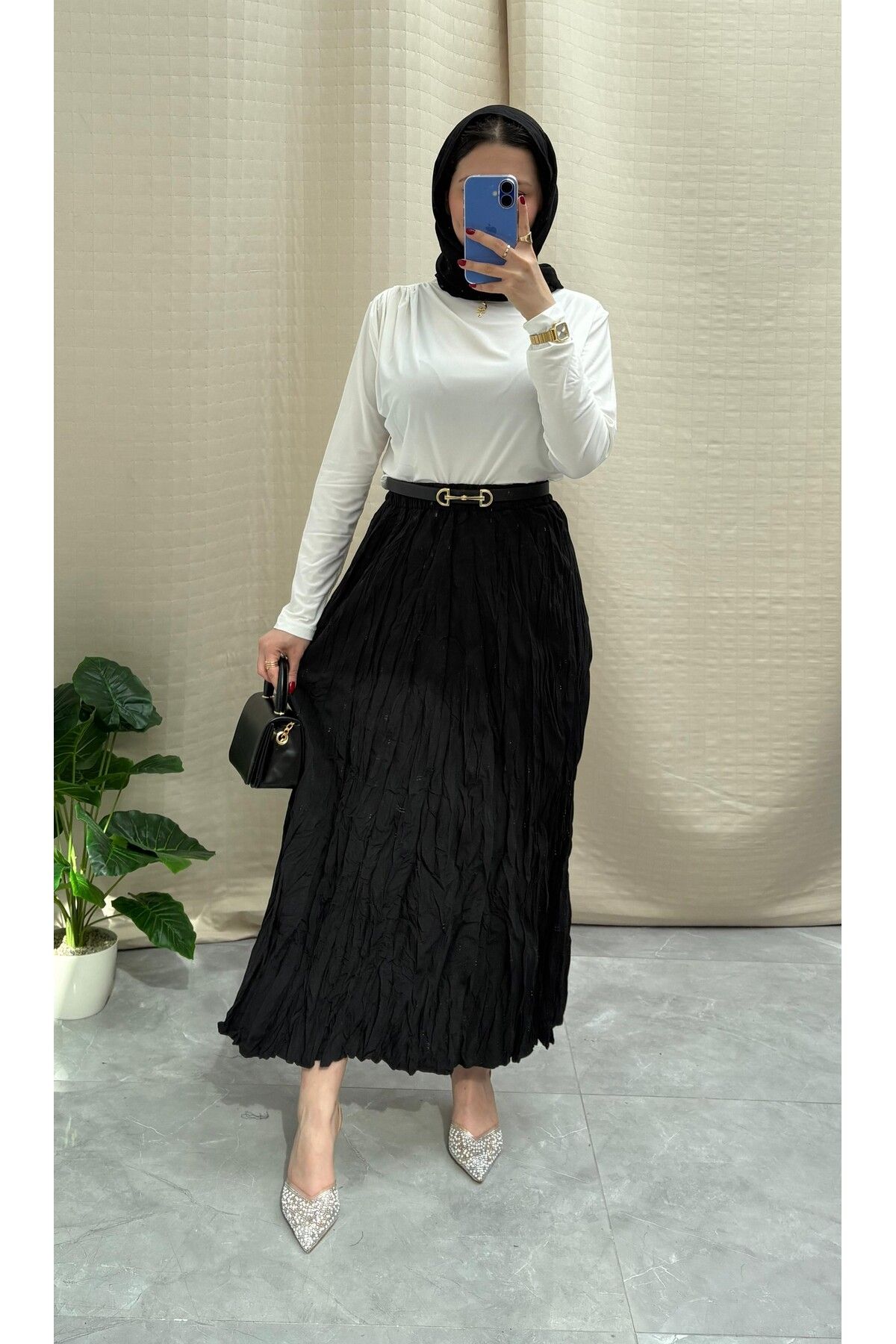 NİSUM MODA KIRIŞIK DOKULU UZUN ETEK