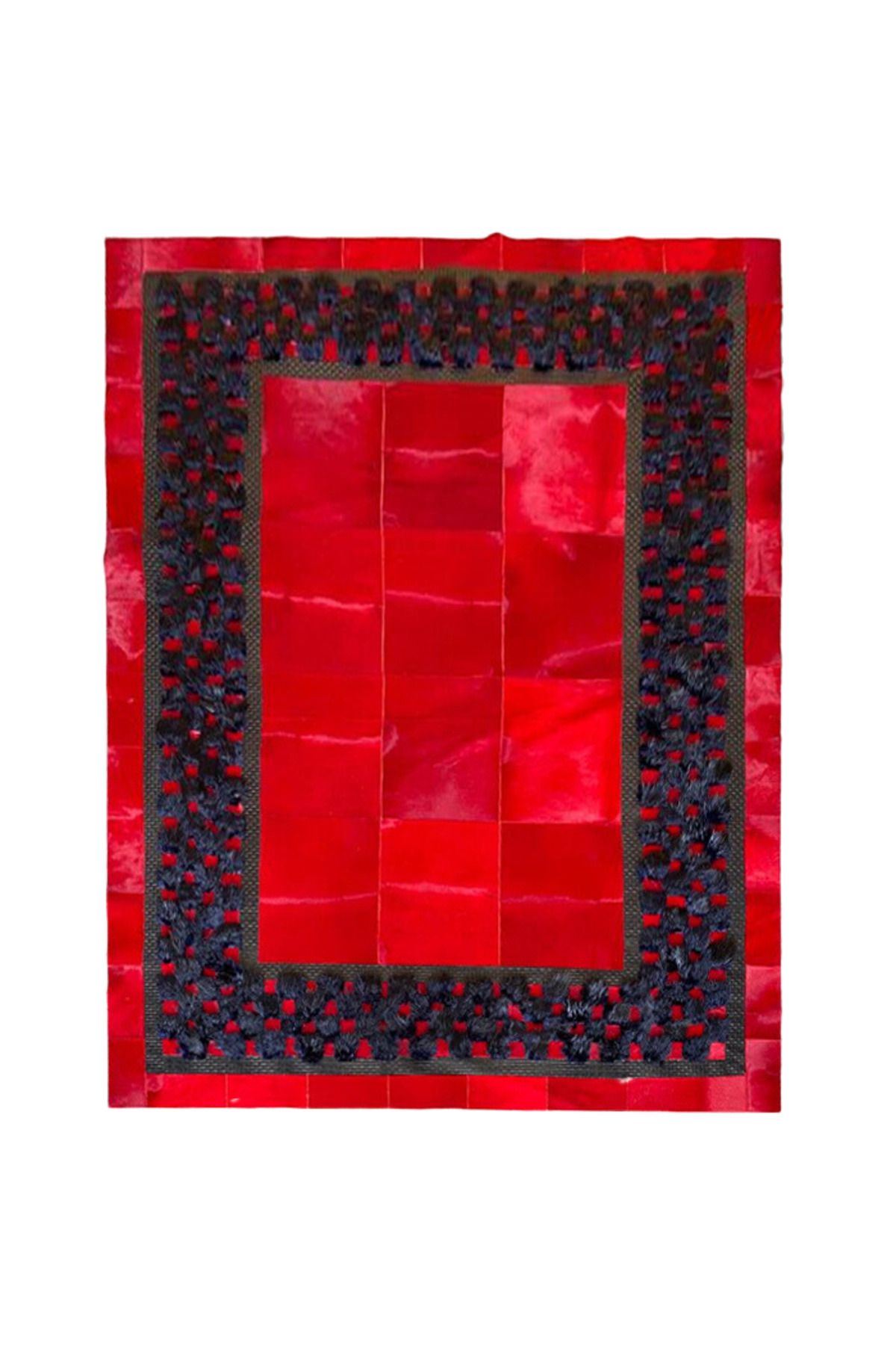 Grandhedefhalı Lacivert Bordürlü Kırmızı Renk Patchwork Deri Halı
