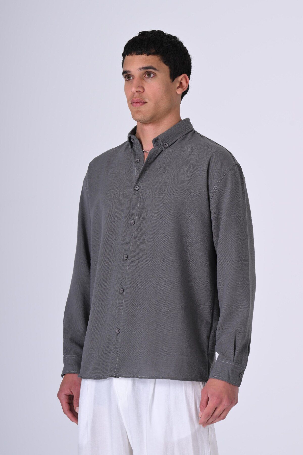 AllWearStyle Gri Renk Ayaklı Yaka Uzun Kol Oversize Keten Gömlek