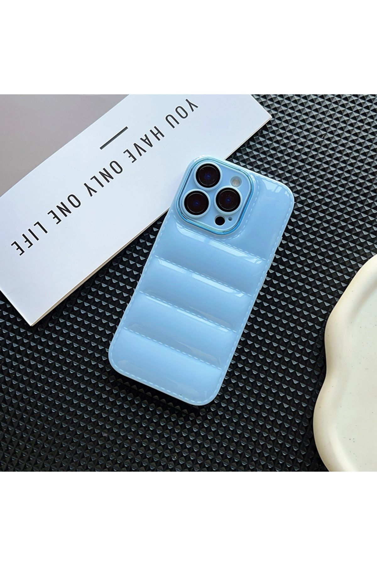 KOSO İPHONE 15 PRO MAX MAVİ ÇİZGİLİ PUFF SİLİKON TELEFON KILIFI