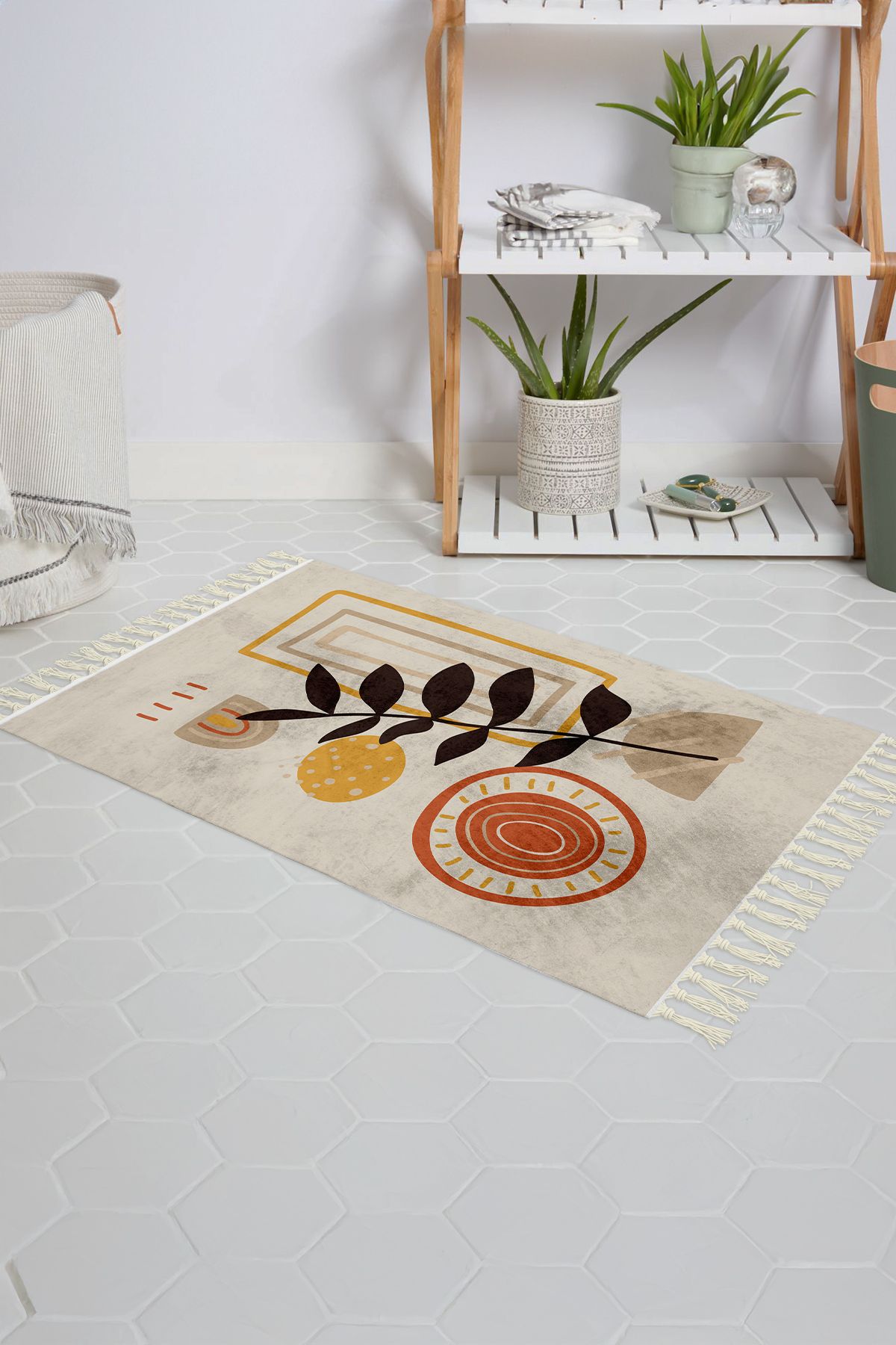 Tropikhome Banyo Paspası Palmiye Desenli Baskılı 50x80 Püsküllü Polyester Kaymaz Tabanlı Duş Paspası