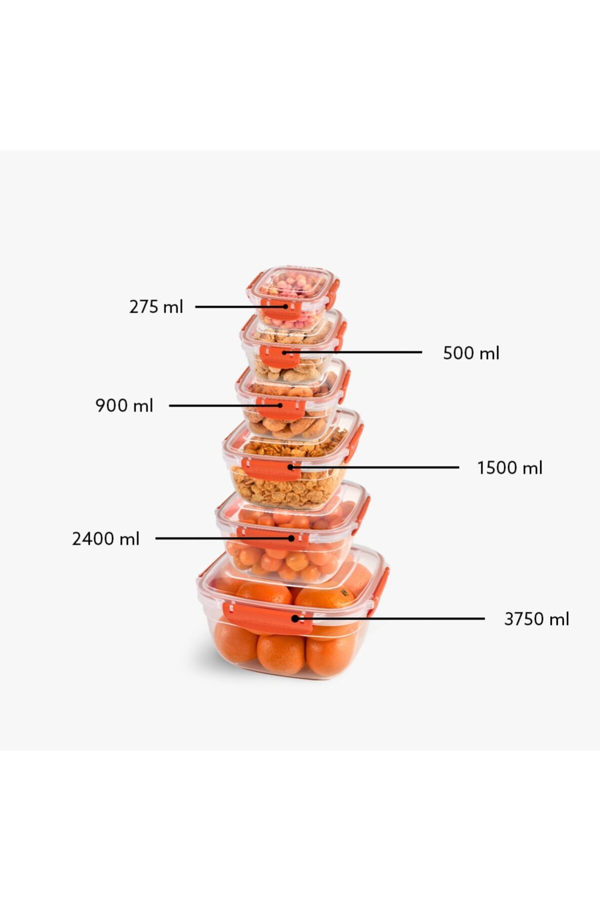 ELDİPA 6'lı Master Kare Saklama Kabı Seti – 0.275L-0.5L-0.9L-1.5L-2.4L-3.75L – BPA İçermez-Premium Plastik