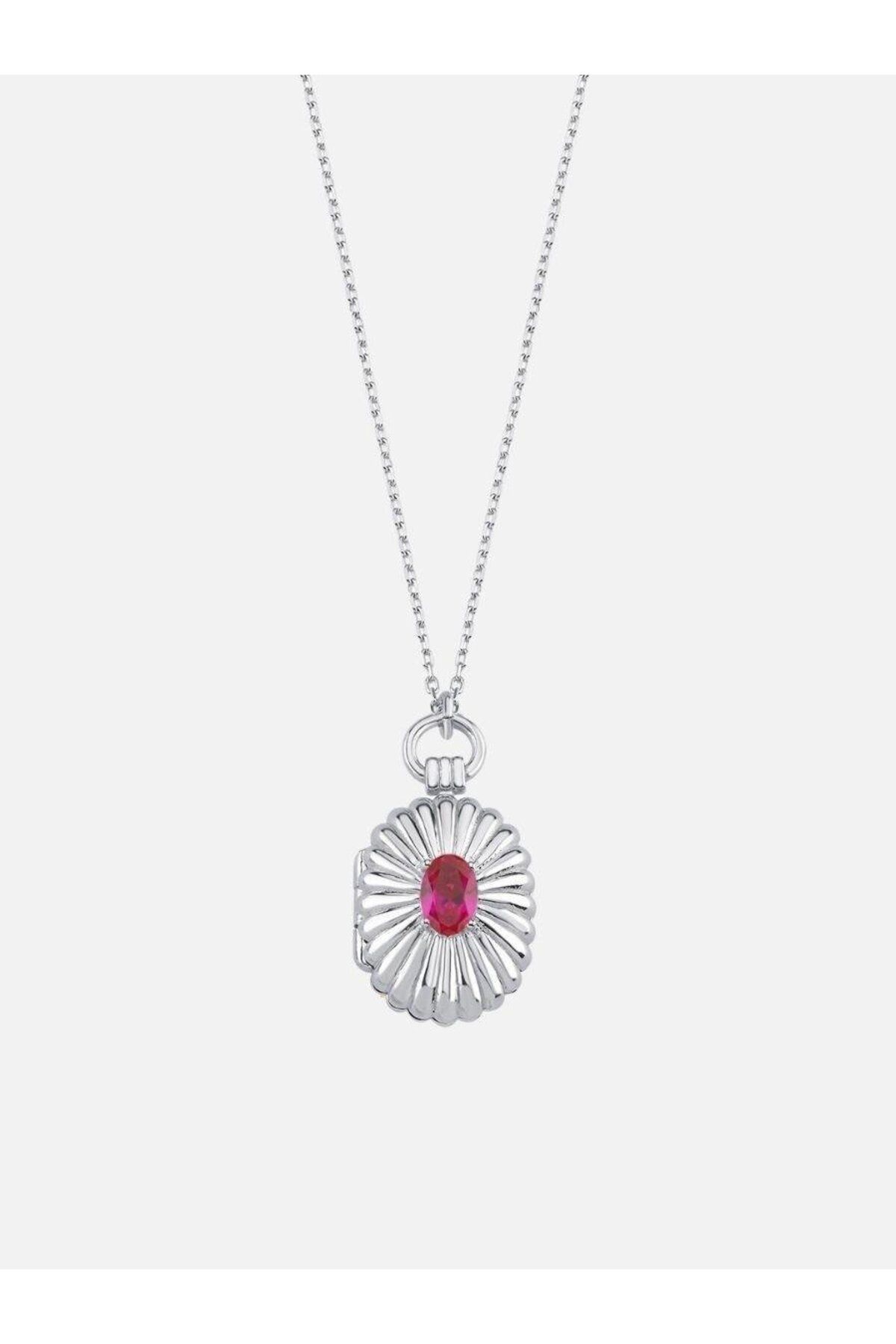 LİNYA JEWELLERY Mini Bordo Taşlı Kapaklı Madalyon Kolye Gümüş