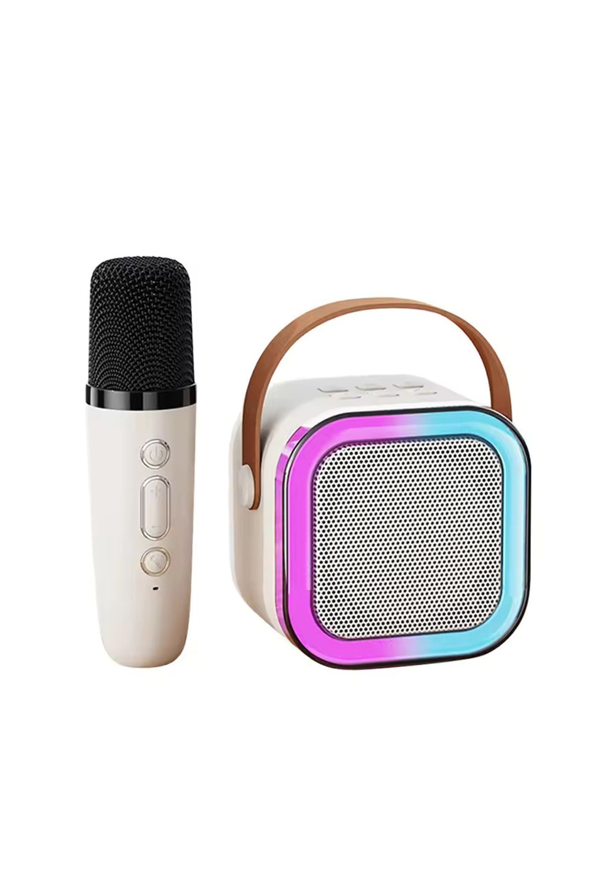 nextbuy Küçük Boy RGB Ledli Mikrofonlu Bluetooth Hoparlör Ses Bombası Yüksek Ses Gücü Led Işık Kareoke Bej