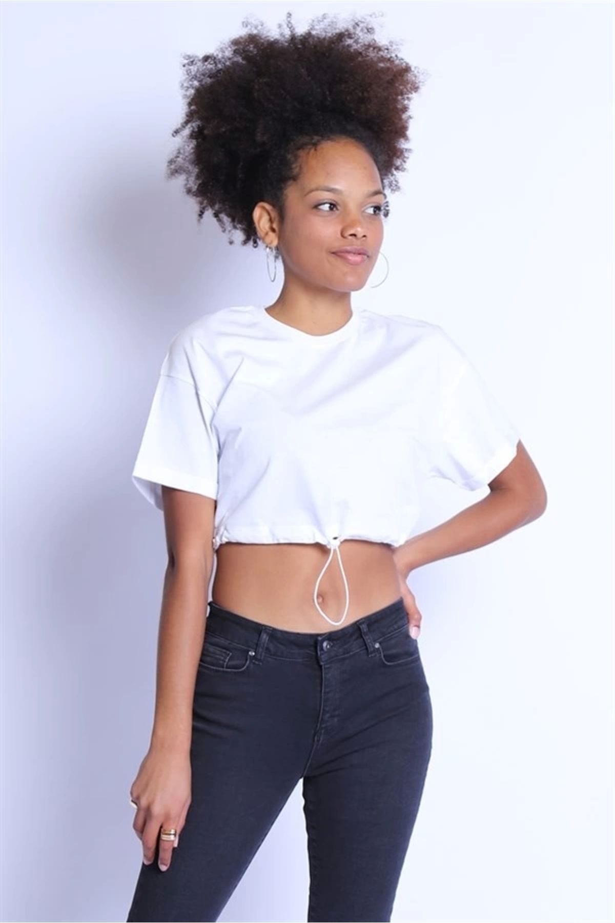 TakıDolabı Kadın Crop Bisiklet Yaka Tshirt