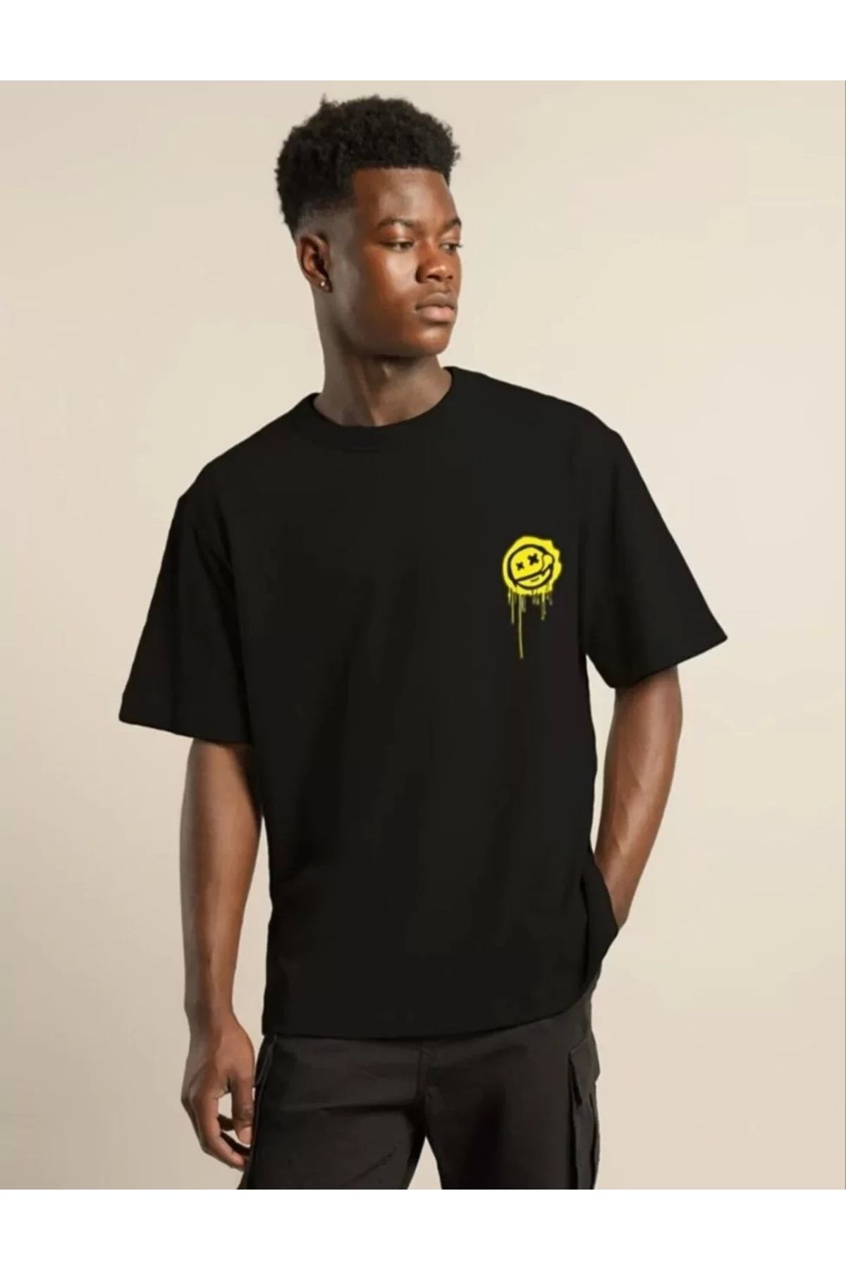 MODA Unisex Bisiklet Yaka Baskılı Oversize T-Shirt - Siyah