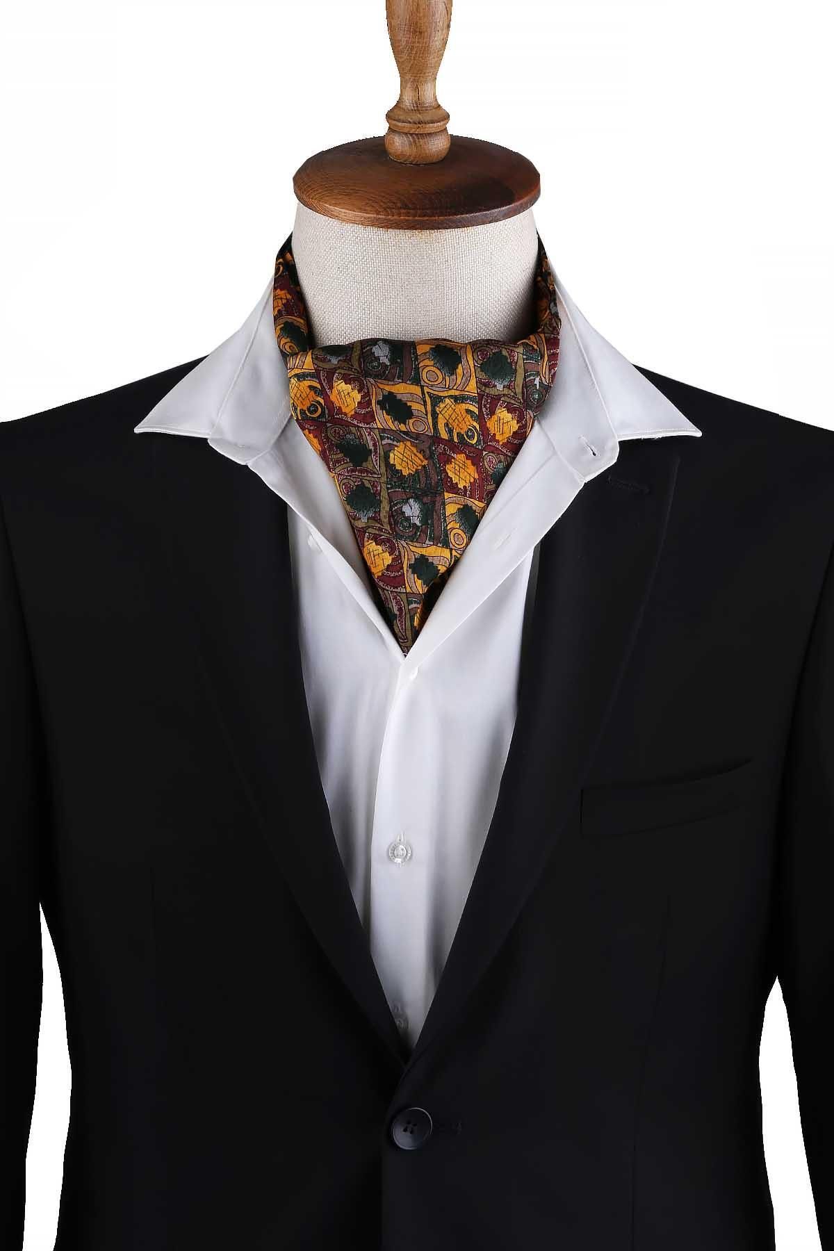 Kravatkolik Bordo - Sarı Motif Desen Erkek Ascot Fular K644