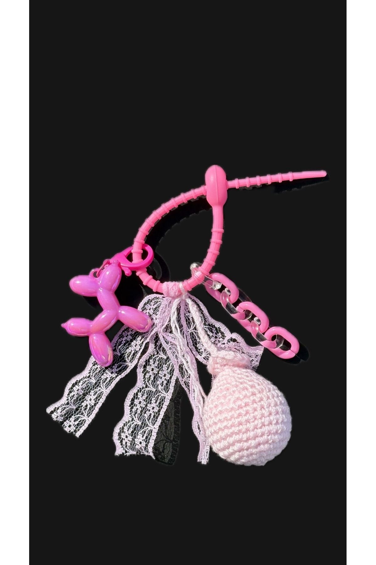 Omarder Deri Pembe örgü balon, pembe balon köpek ve dantel süslemeli çanta charmı