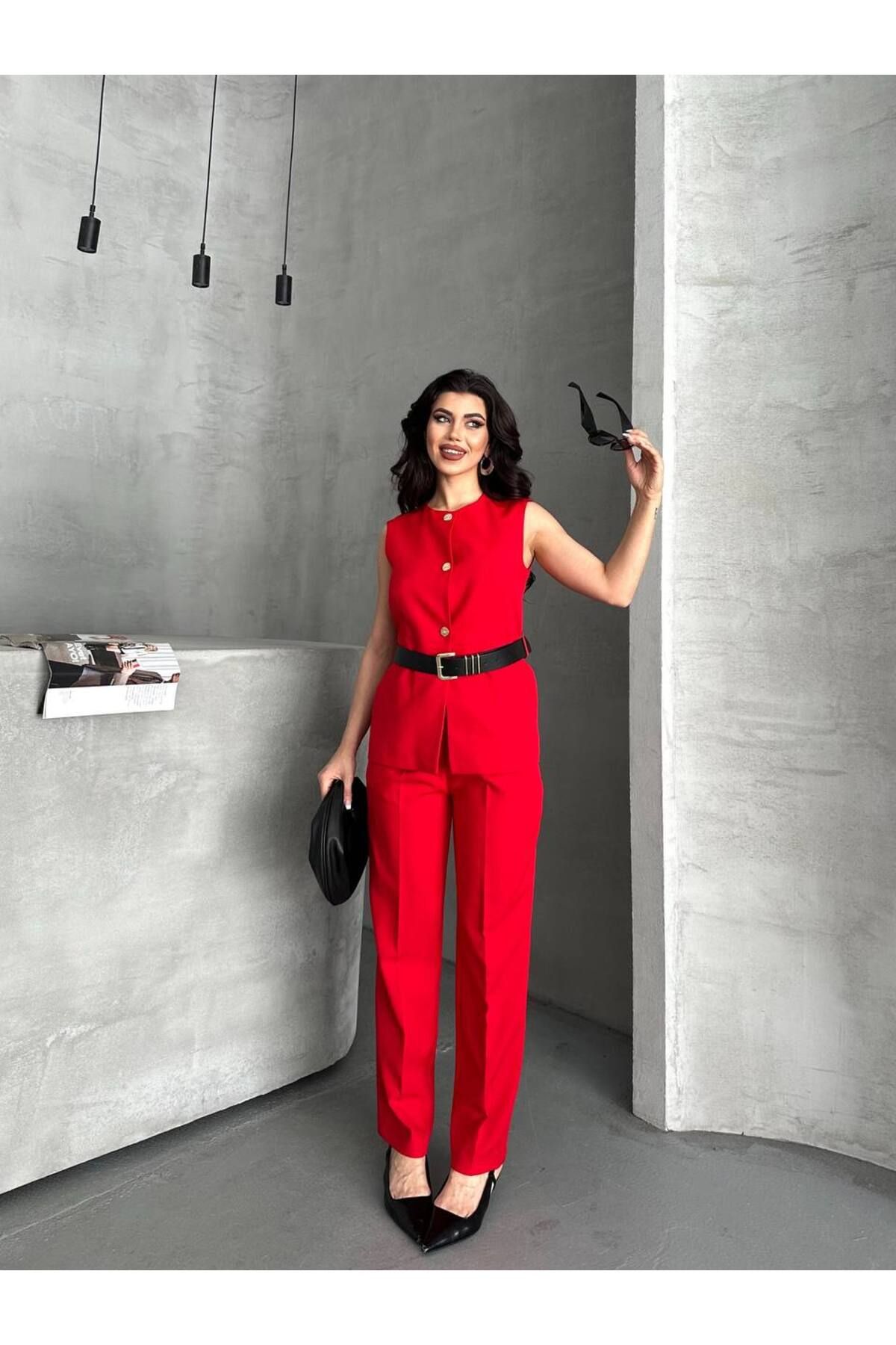 BARG FASHION Kadın Kemerli Yelek Pantolon 2'Li Takım