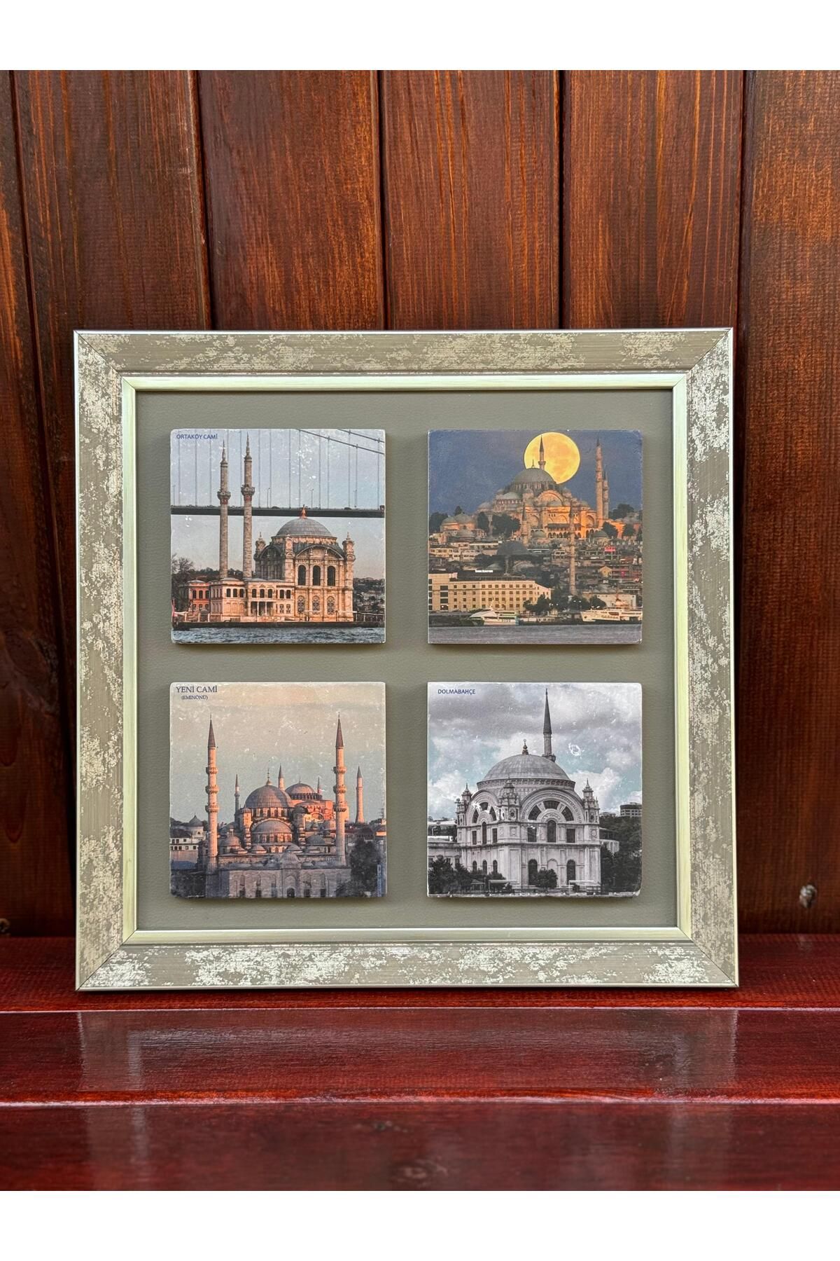 Butik Gümüş Desenli UV Baskılı Taş Çerçeve 30x30 cm (Cami Desen)