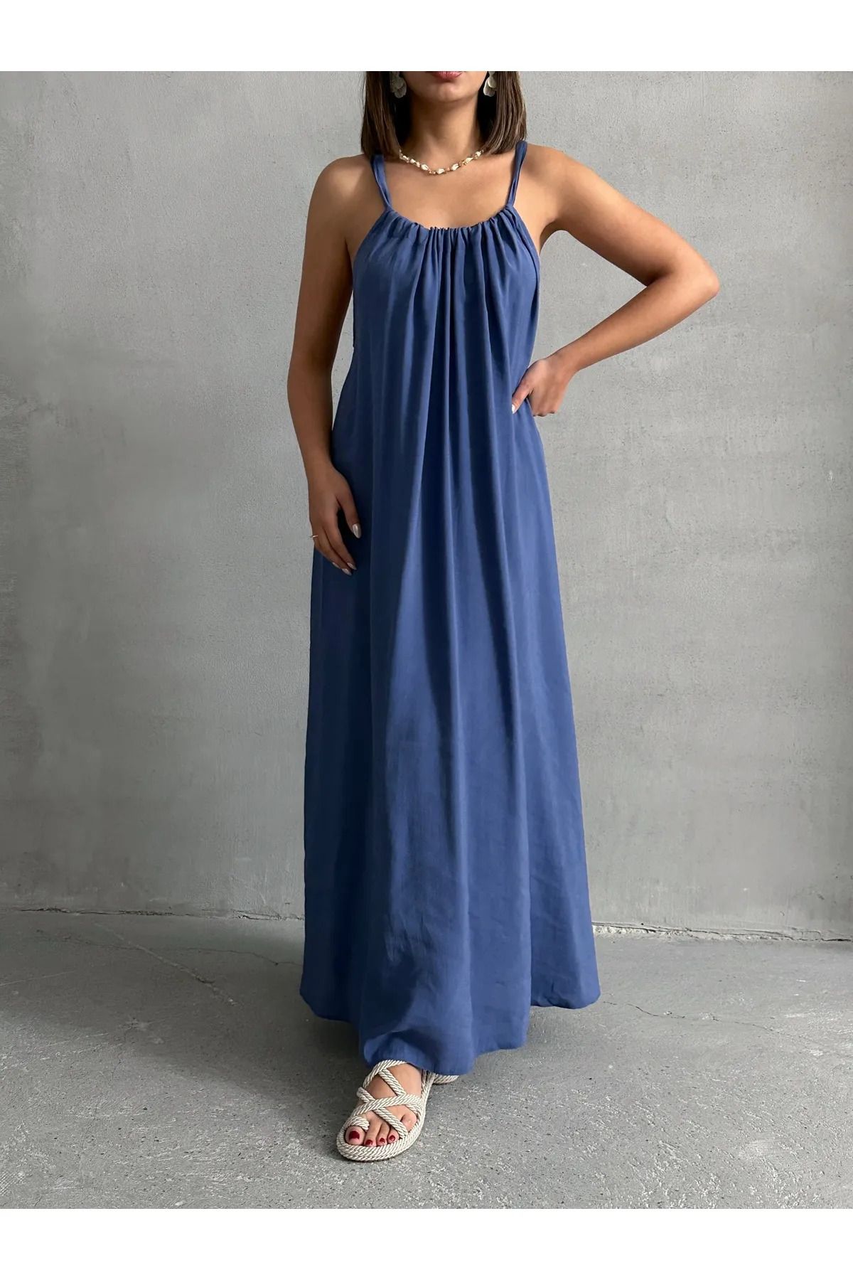LE CARAMBOLE Kadın Indigo Boyundan Bağlamalı Relaxed Maxi Modal Elbise
