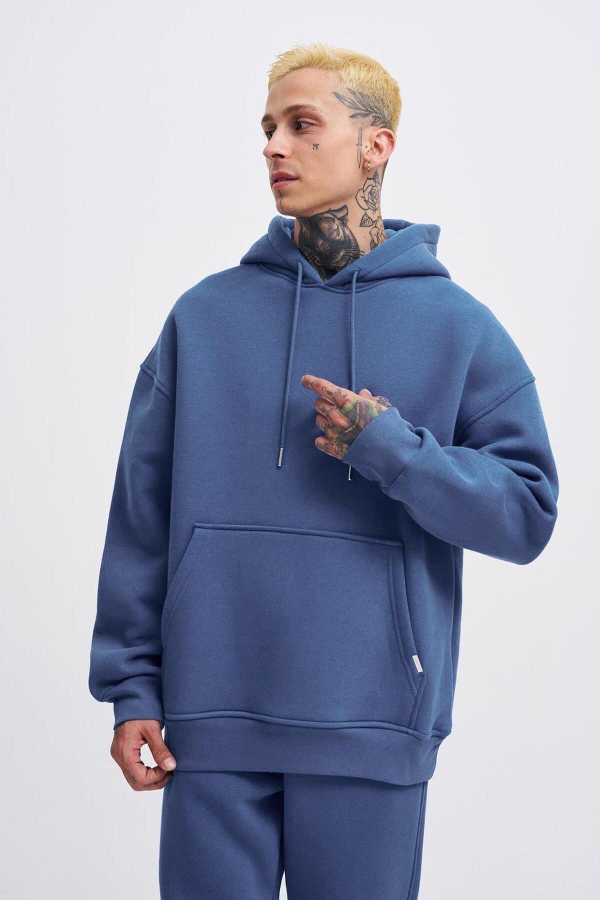 Machinist-Men's Oversize Basic Hooded Morning Blue Sweatshirt 2