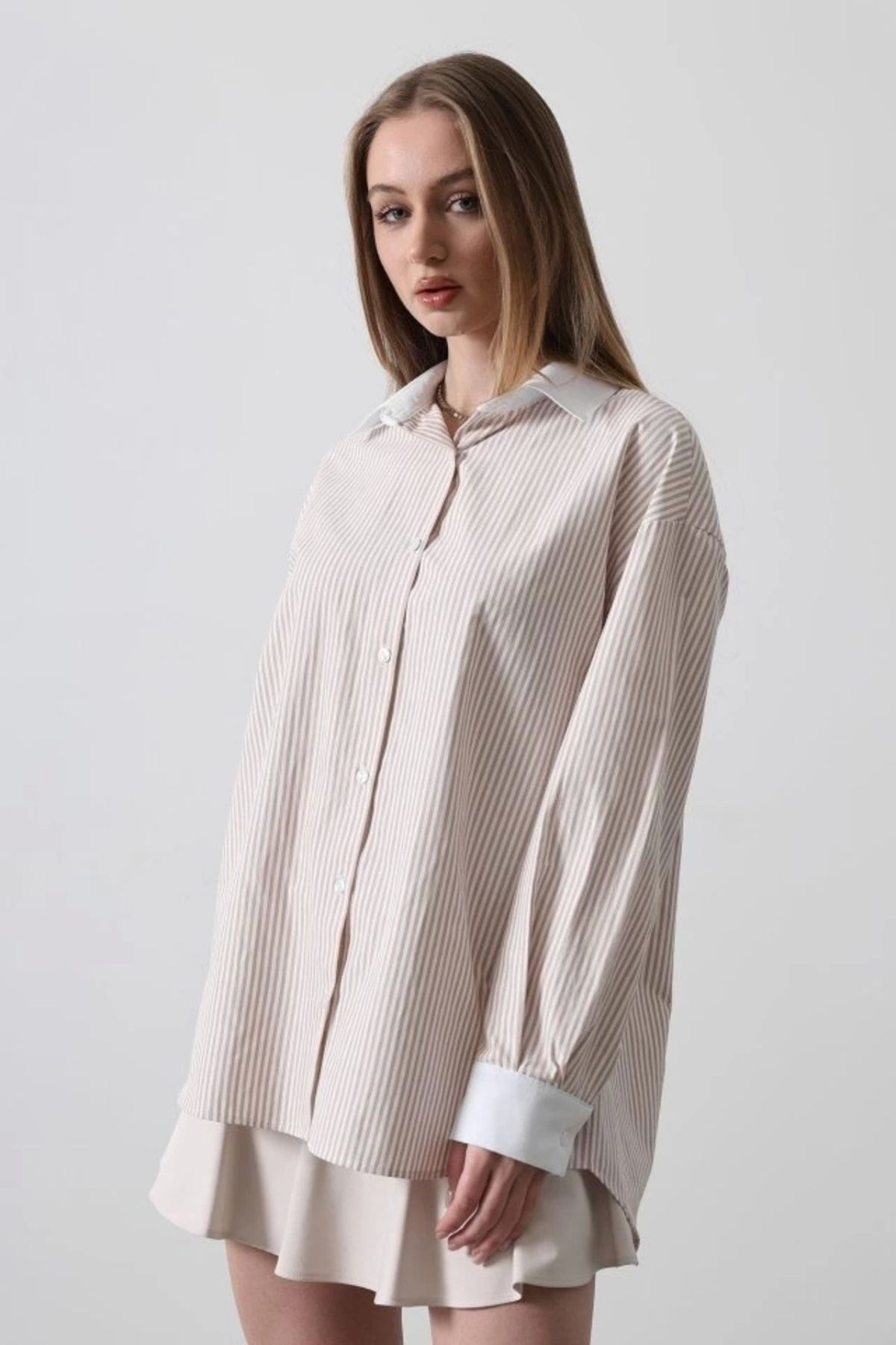 nedo7 Çizgili Oversize Gömlek - Bej