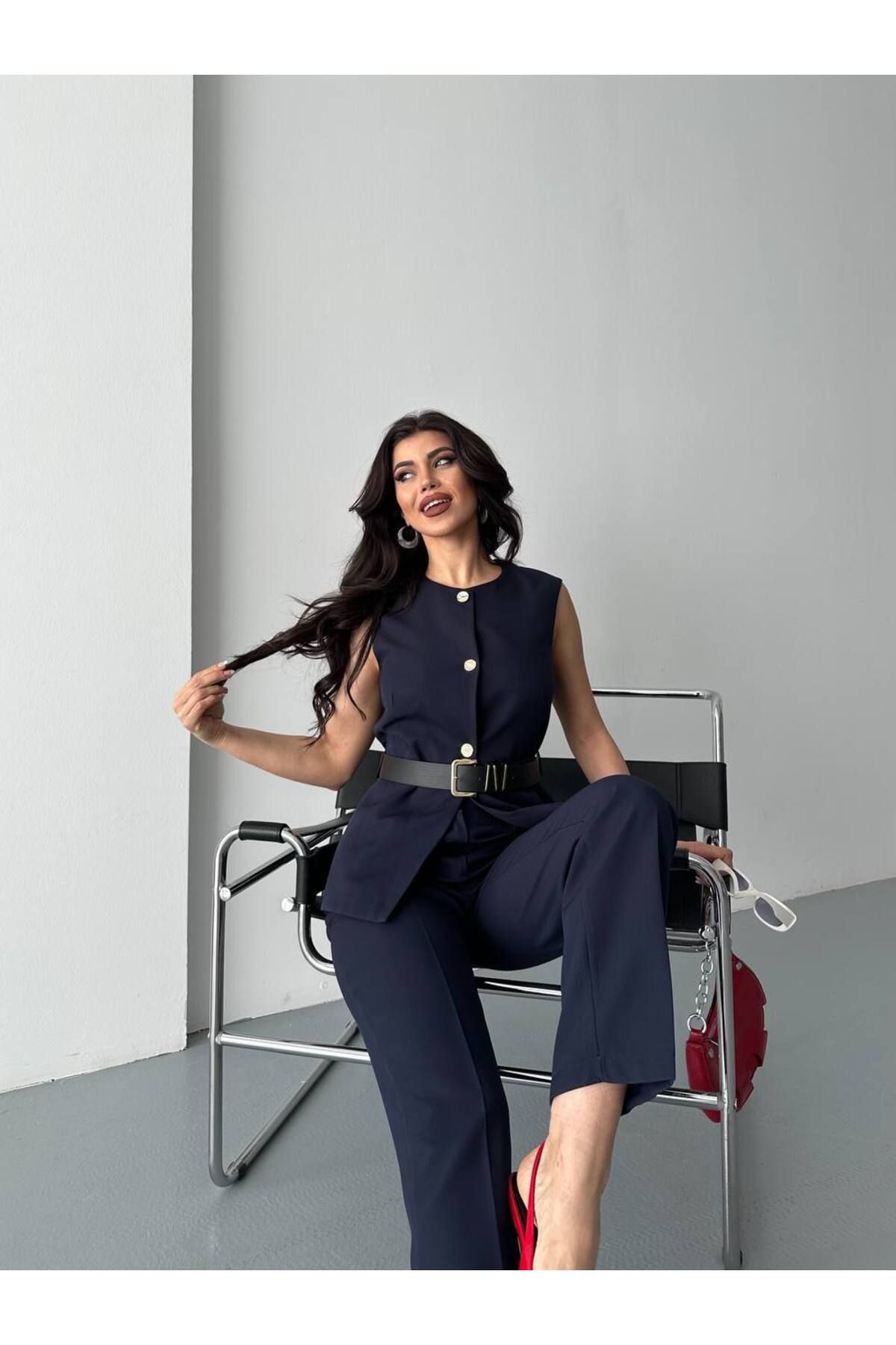 BARG FASHION Kadın Kemerli Yelek Pantolon 2'Li Takım