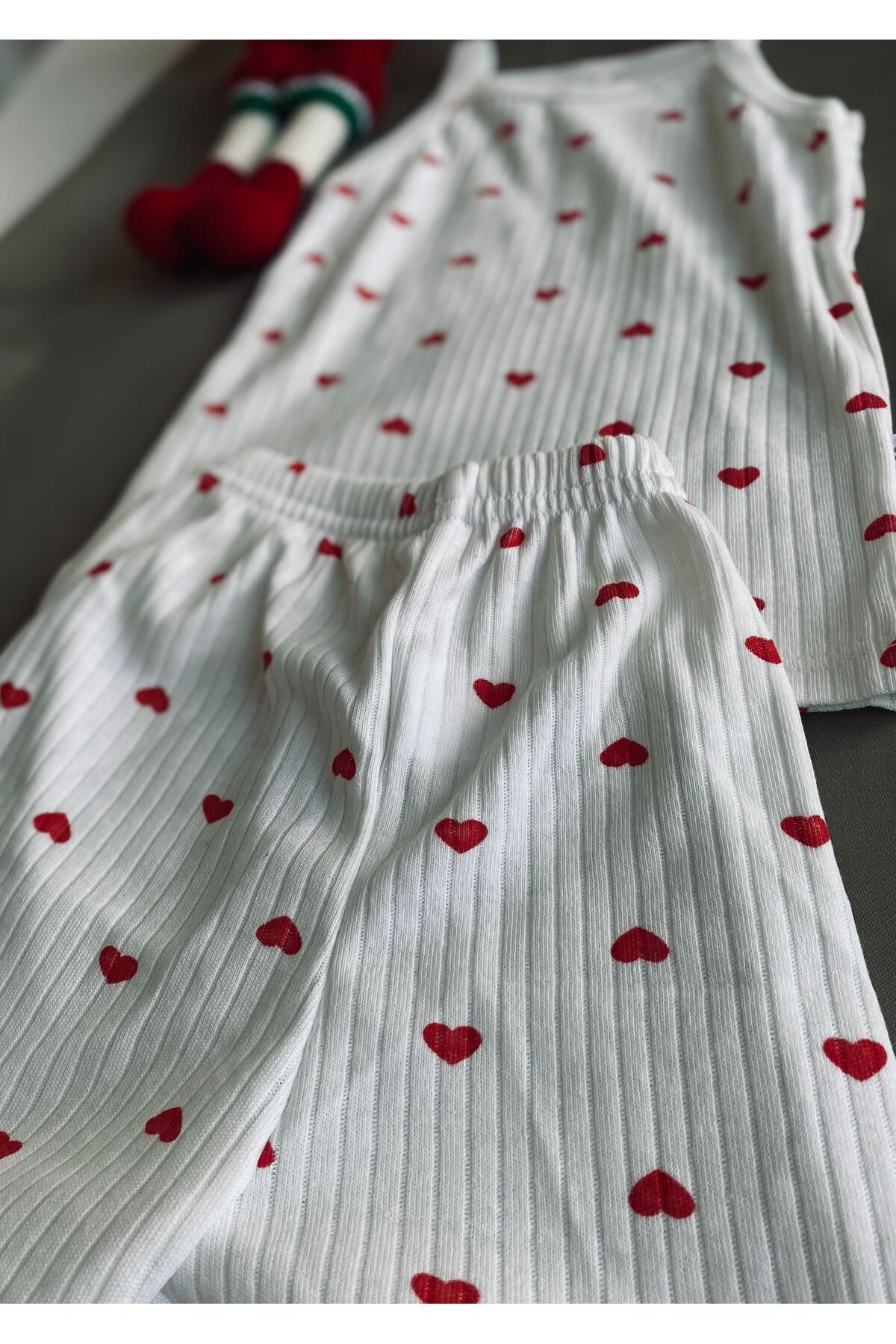 ARAF WEAR 2'li Fitilli Kumaş Kalp Desenli Kız Bebek Çocuk Alt Üst Takım