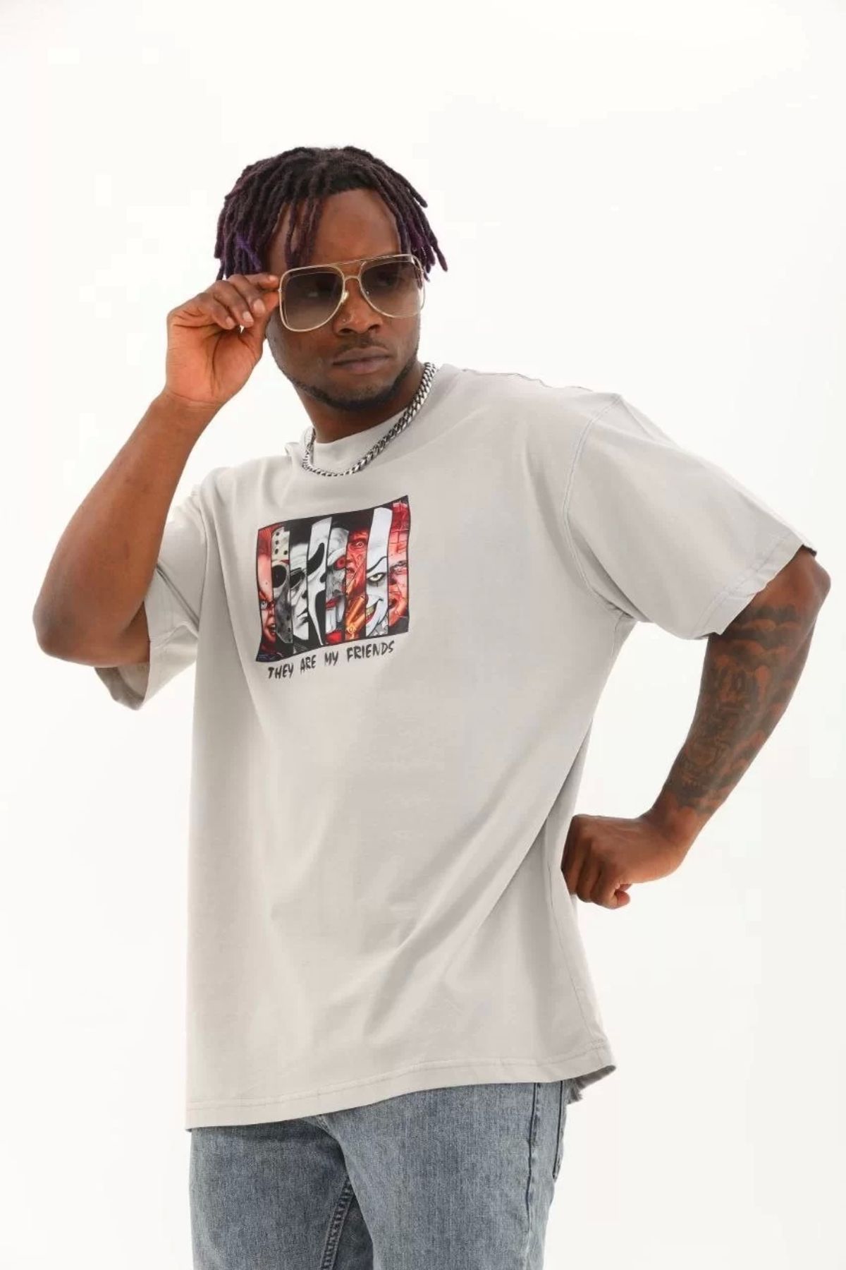 MODA Unisex Oversize Baskılı Bisiklet Yaka T-Shirt - Gri
