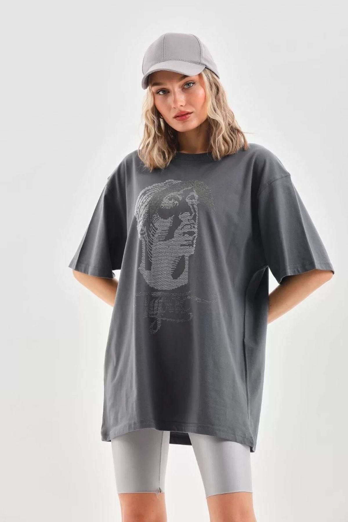MODA Unisex Taş Desenli Oversize T-Shirt - Füme