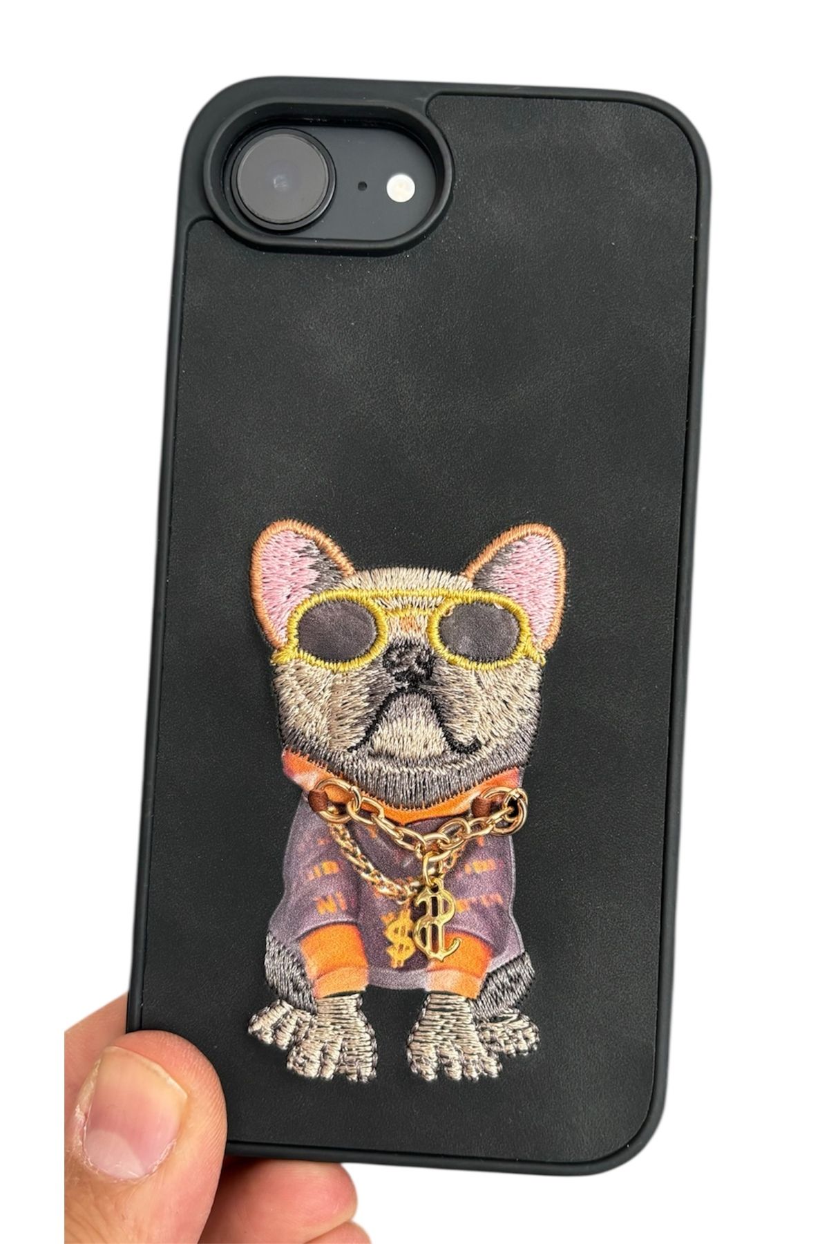darkpower iPhone 16e 3D Gerçek Nakış İşleme Kabartmalı Köpek Zincir Gözlük Detaylı Kılıf