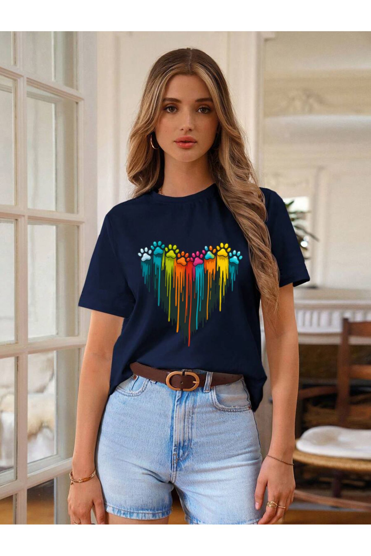 uyguntarz Unisex Sevimli Kedi Patili Kalp Tasarım Basklı Tshirt