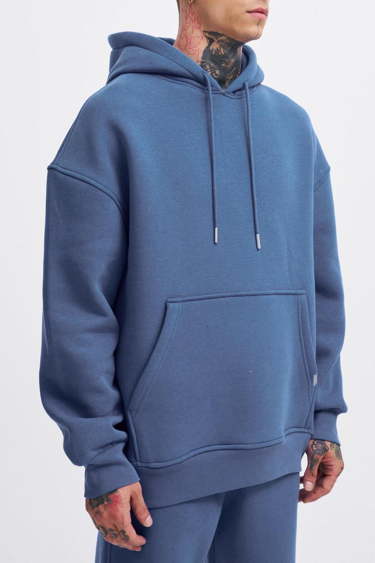 Machinist-Men's Oversize Basic Hooded Morning Blue Sweatshirt 3