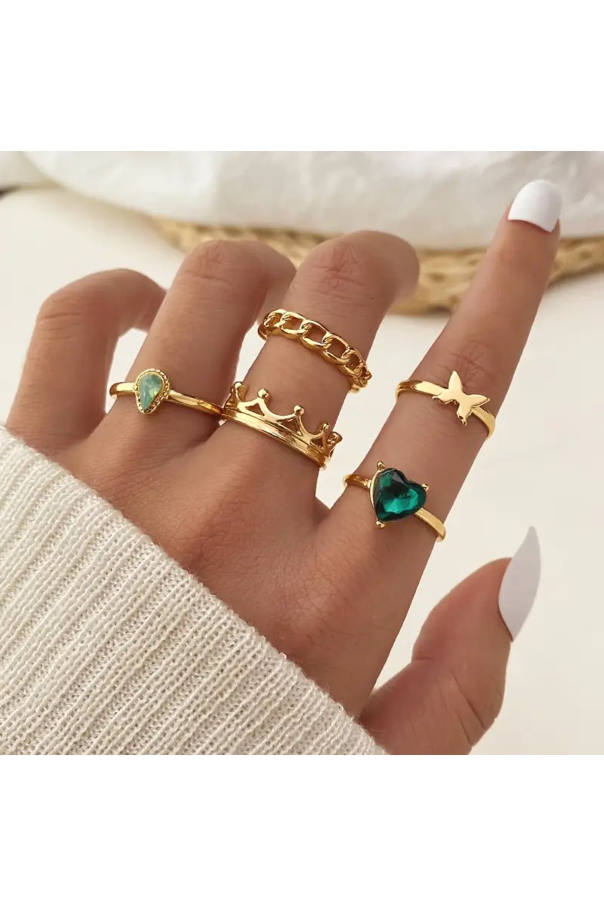 Takıtolia Lavin 6 Adet Yeşil Taşlı Aşk Temalı Şık Tasarım Vintage Çoklu Hediyeye Uygun Gold Altın Yüzük Seti