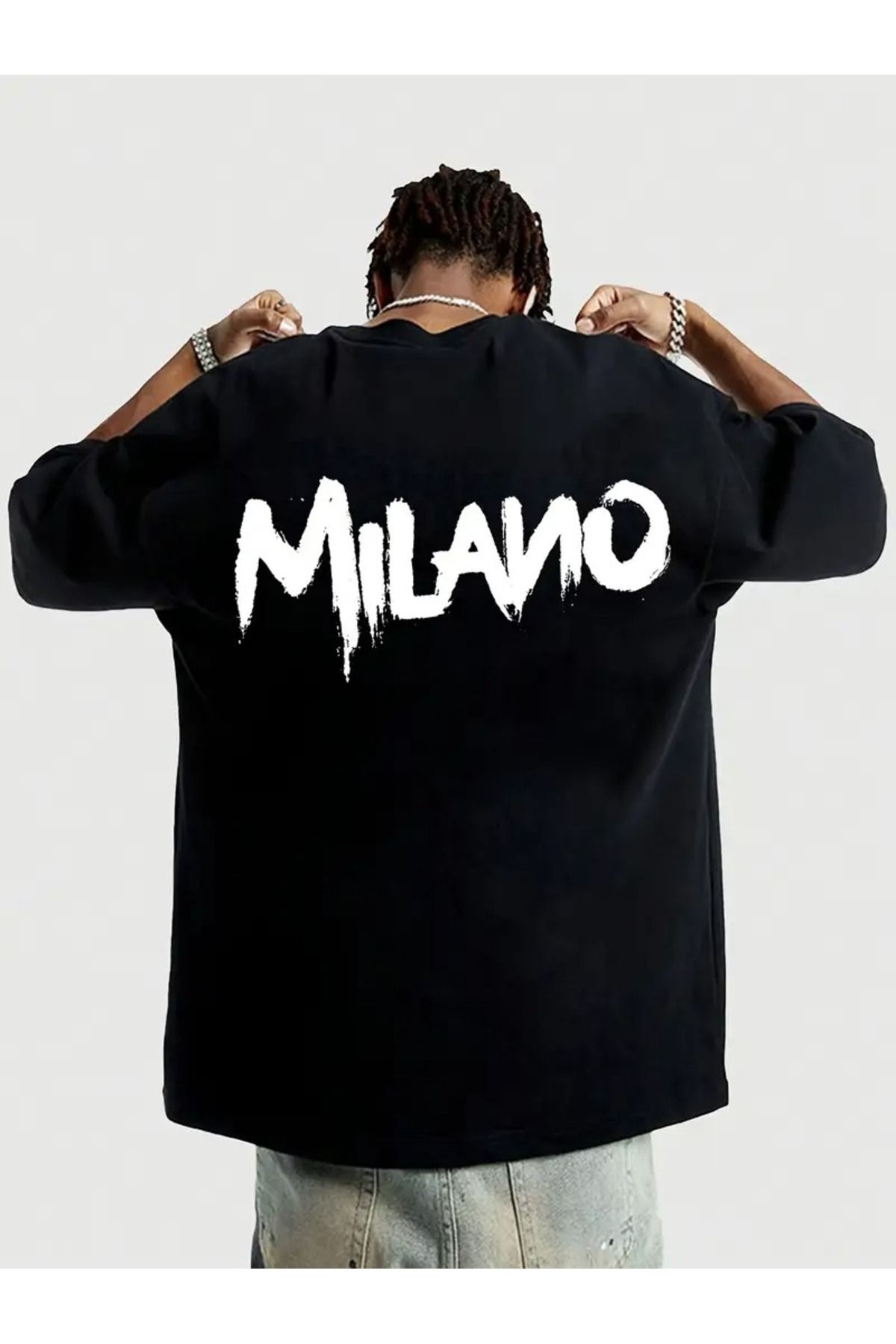 LAND MODA Erkek Milano Grafik Baskılı T-Shirt - Siyah Rahat Yuvarlak Yaka Kısa Kollu Tee ile Beyaz Yazılı