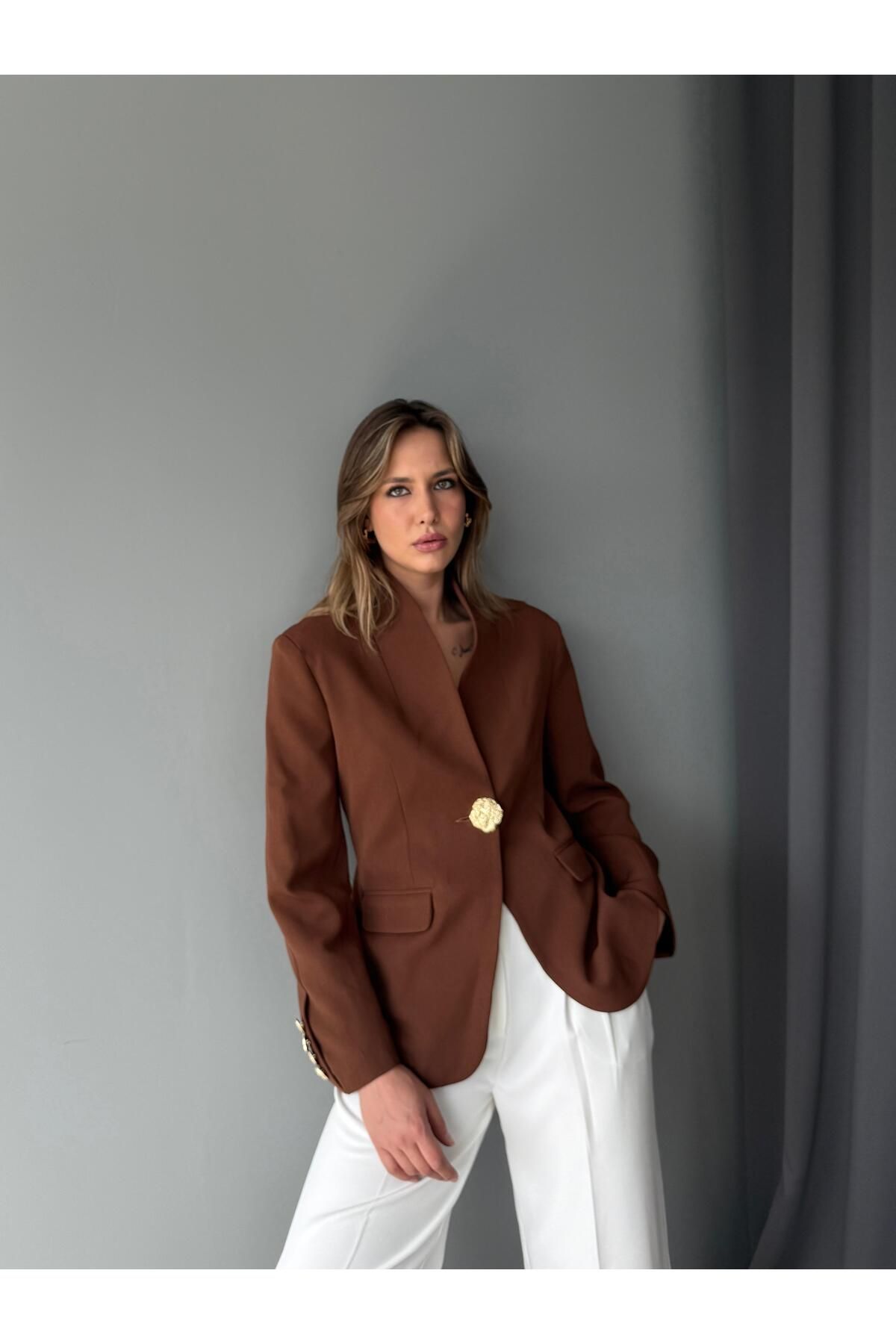AlisaSu Koyu Kahve Gold Düğmeli Şal Yakalı Blazer Ceket