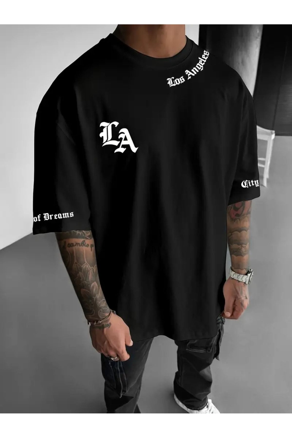 LAND MODA Los Angeles Harf Baskılı Erkek T-Shirt - Günlük Yuvarlak Yaka, Bol Kesim Yazlık Tişört