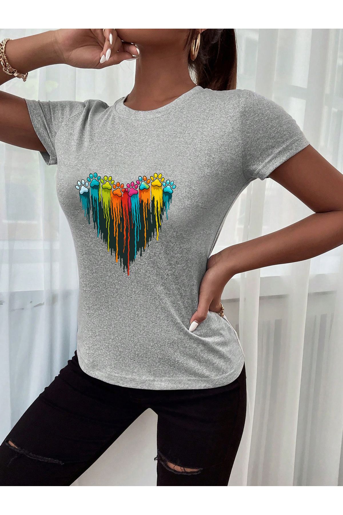 uyguntarz Unisex Sevimli Kedi Patili Kalp Tasarım Basklı Tshirt