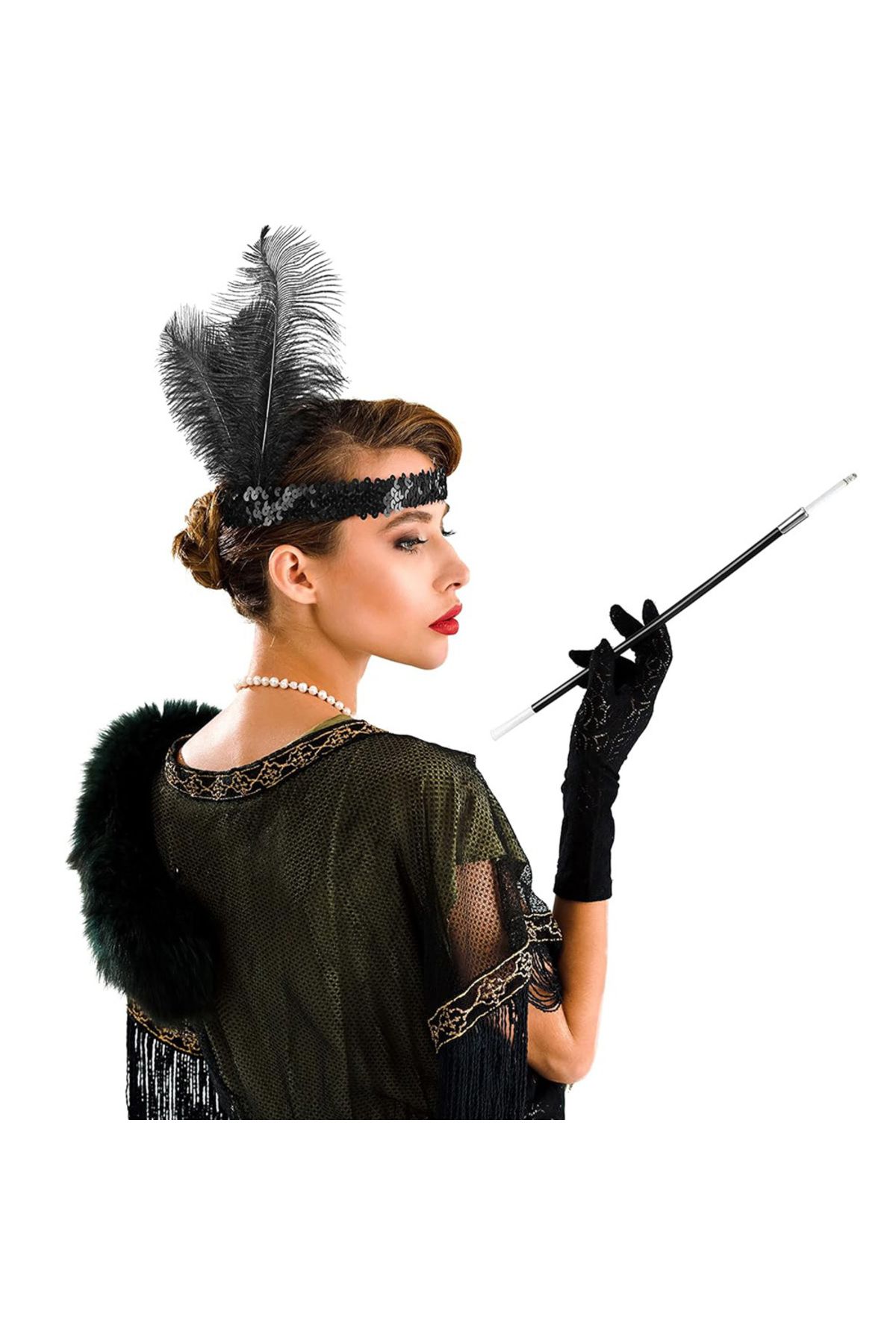 Skygo 1920'ler Gatsby Aksesuar Seti – Siyah Charleston Saç Bandı & Sigaralık