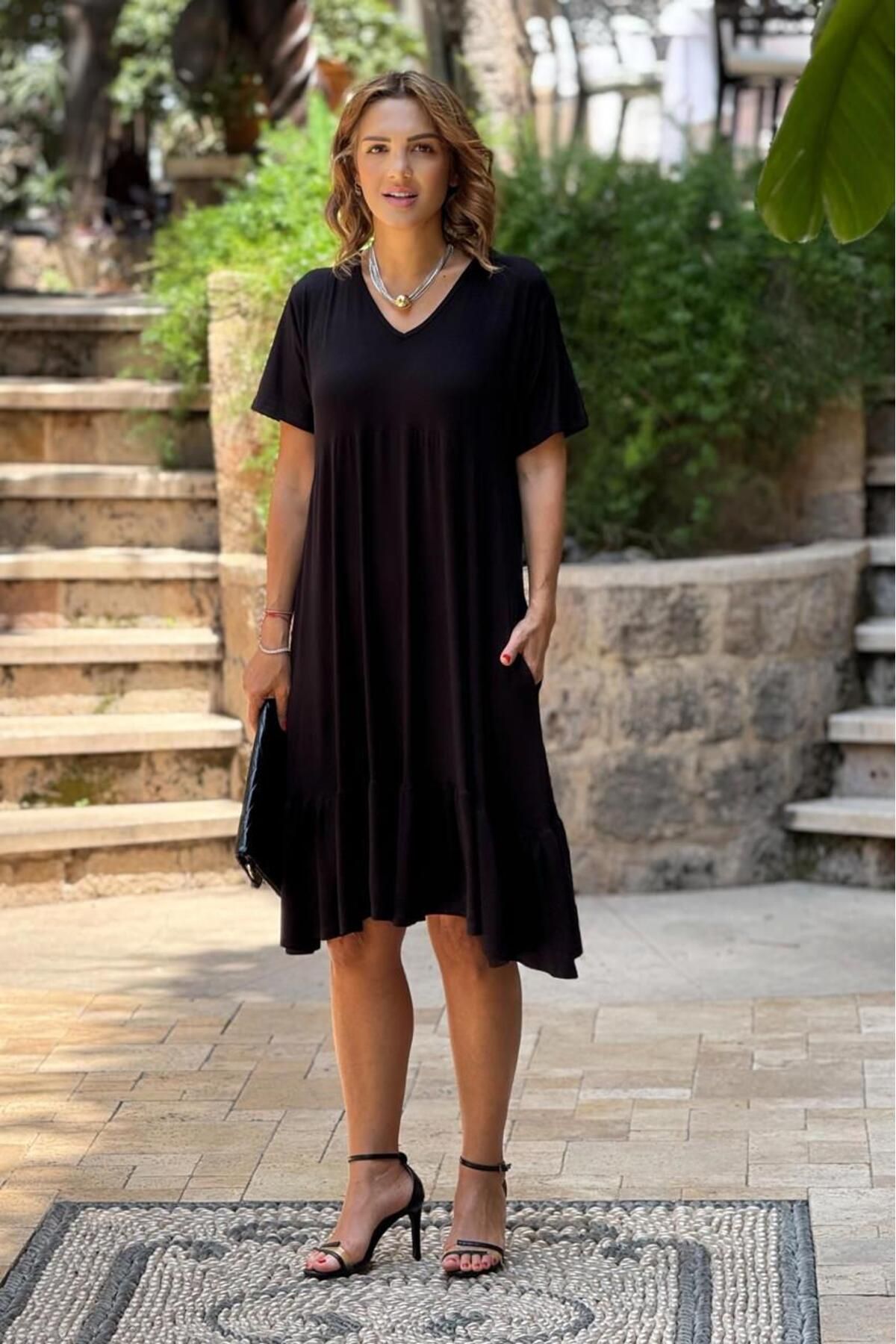 Nevin Kaya Moda Siyah V Yaka Juliet Elbise
